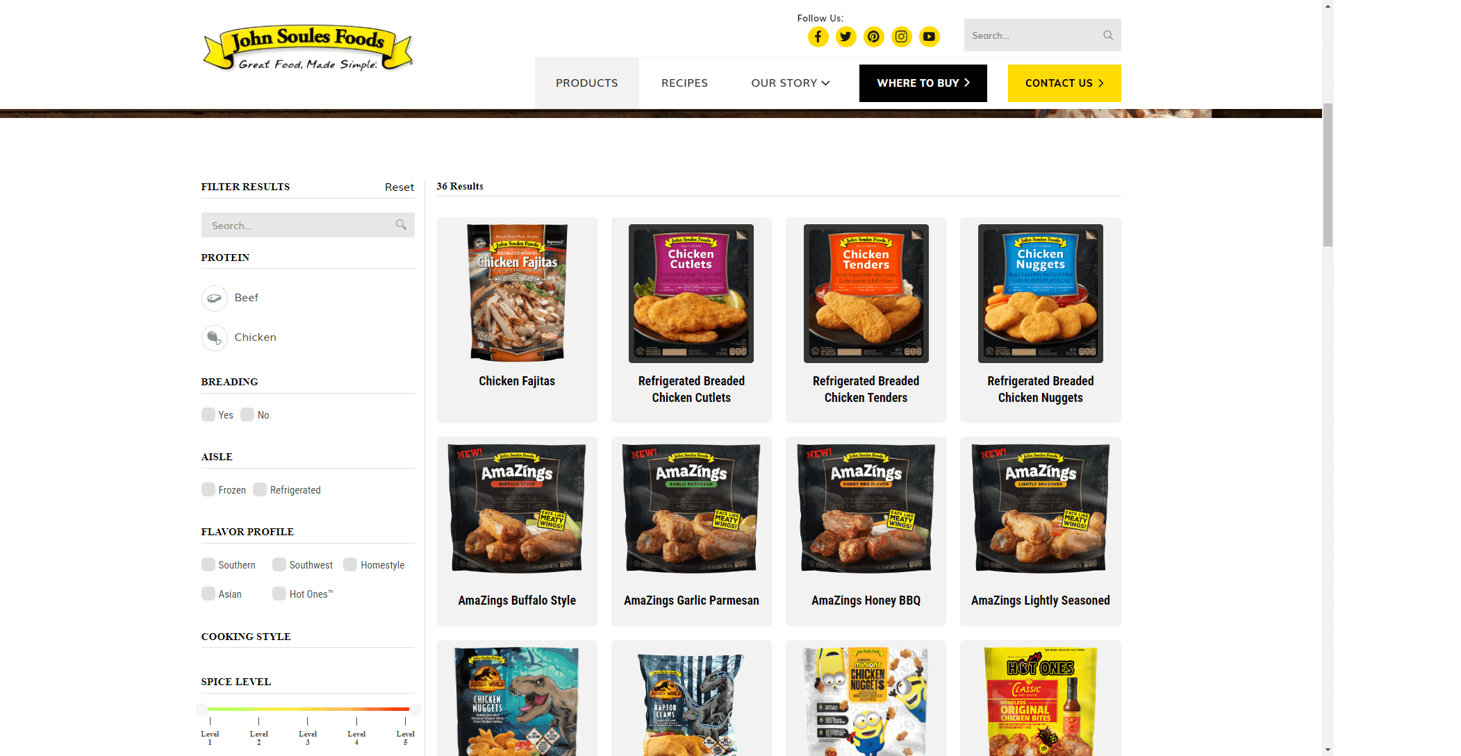 Screenshot of John Soules Foods website showing a product catalog with filters for protein, breading, aisle, flavor profile, cooking style, and spice level. The main display includes images and names of various chicken products such as fajitas, cutlets, tenders, nuggets, and seasoned bites.