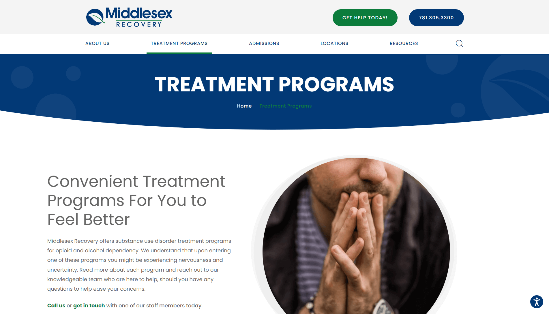 Screenshot of Middlesex Recovery website's treatment programs page, featuring navigation options, a call to action for treatment programs, and an image of a person with hands clasped in front of their face.