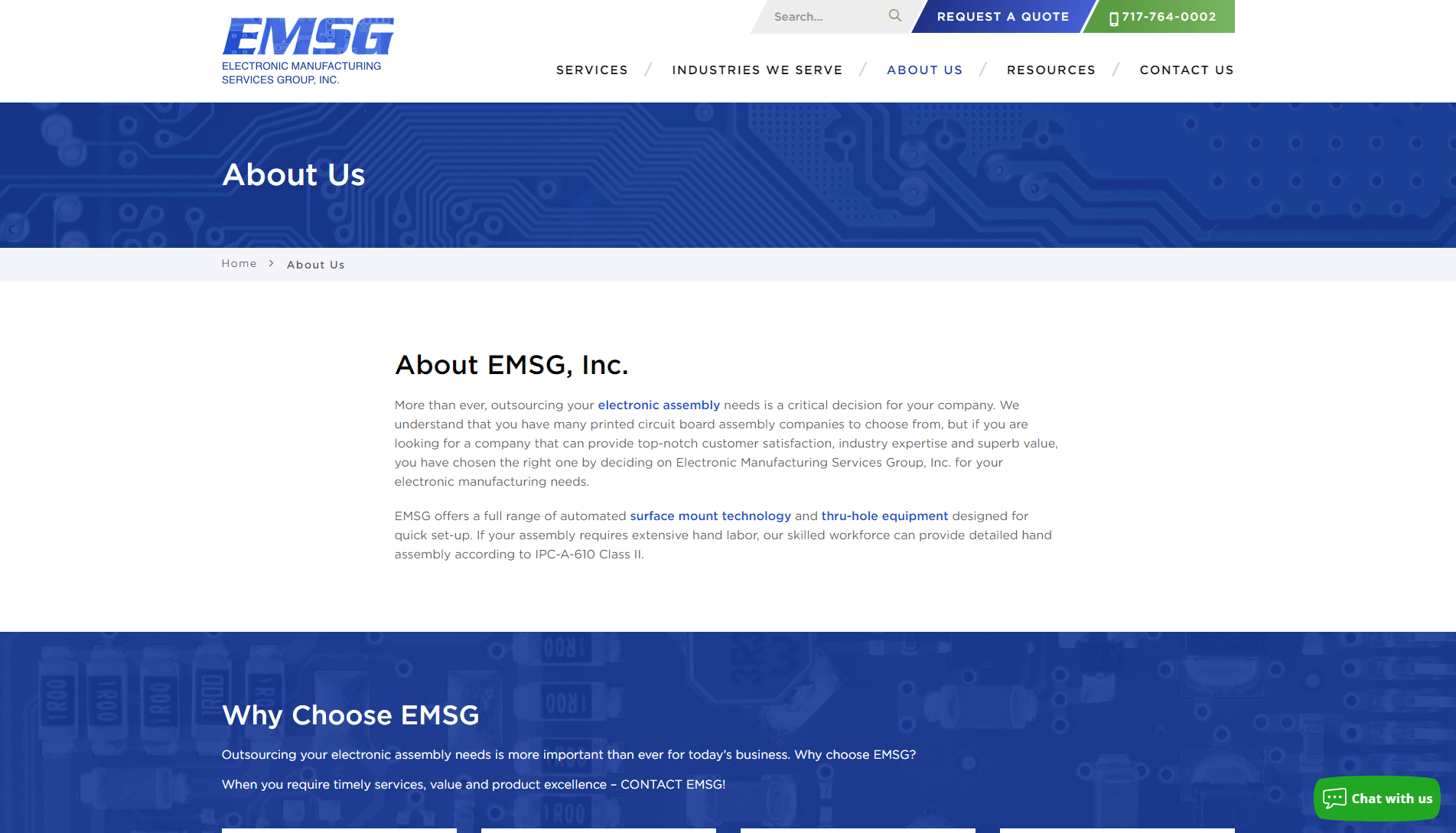 Screenshot of the 'About Us' page on the EMSG, Inc. website, detailing the company's electronic assembly services with a blue circuit-themed design and navigation options.