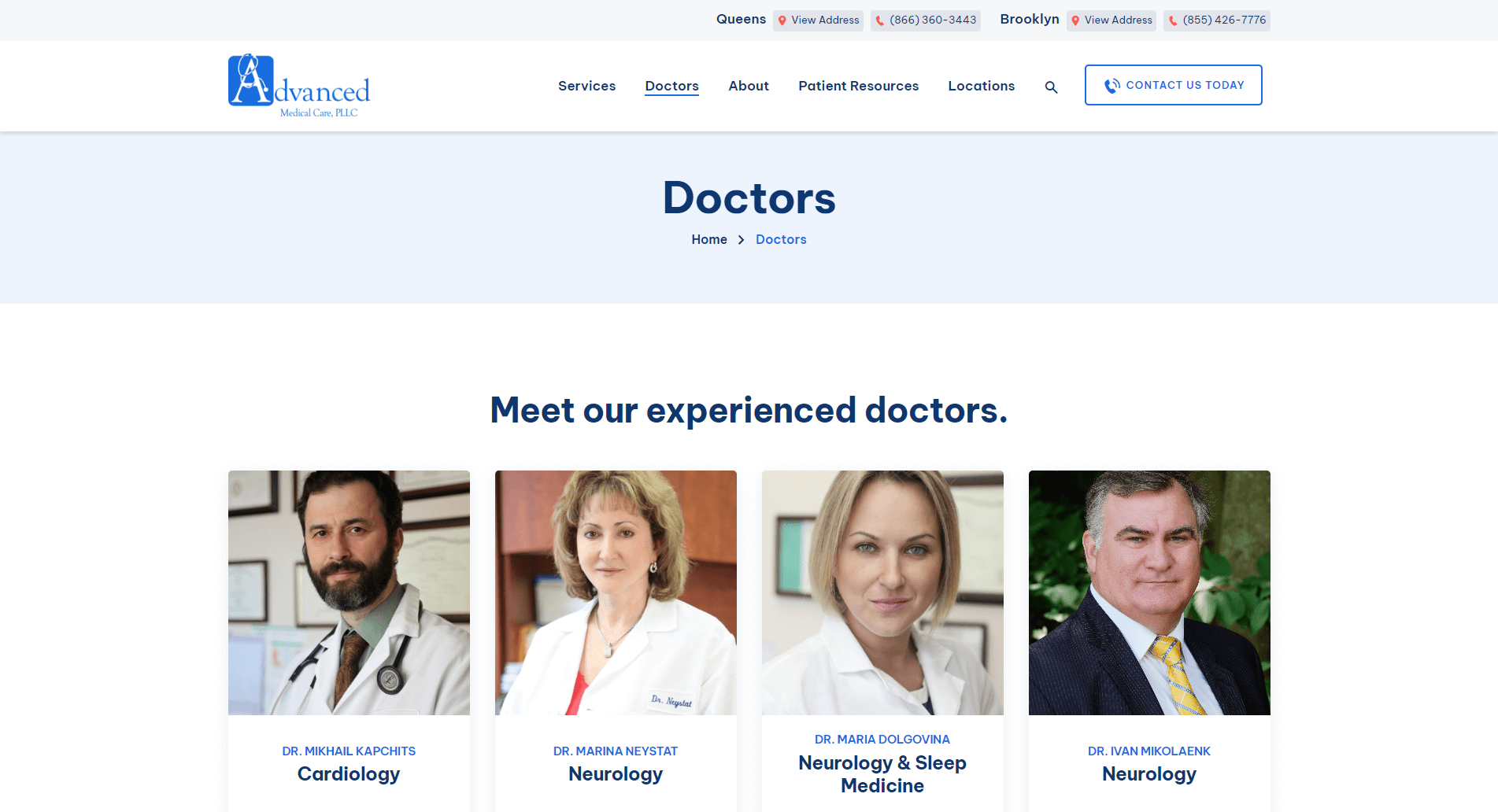 Webpage section from 'Advanced Medical Care, PLLC' featuring the title 'Doctors' and a heading 'Meet our experienced doctors.' with portraits of four medical professionals, each with their respective names and specialties in Cardiology and Neurology.