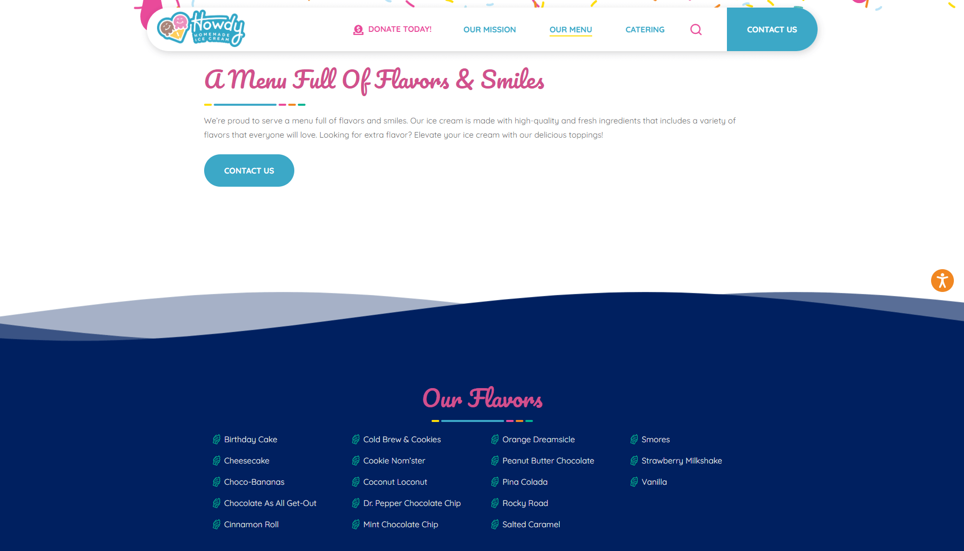 Screenshot of Howdy Homemade Ice Cream's webpage featuring a logo, navigation buttons, and a list of ice cream flavors under the headings 'A Menu Full Of Flavors & Smiles' and 'Our Flavors'.