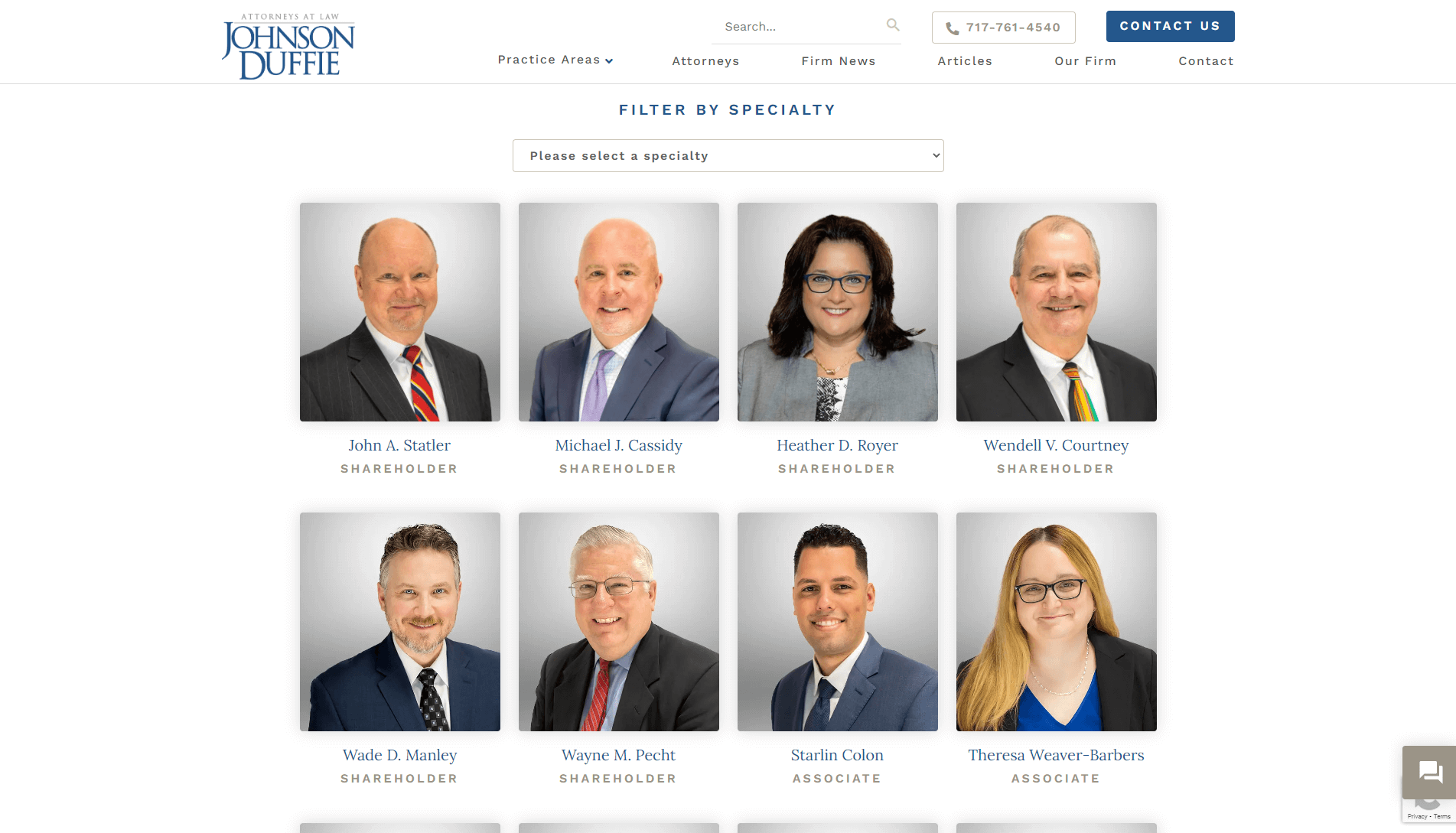 Professional headshots of seven attorneys from the law firm Johnson Duffie, displayed on their website with names and titles, options to filter by specialty, and contact information.