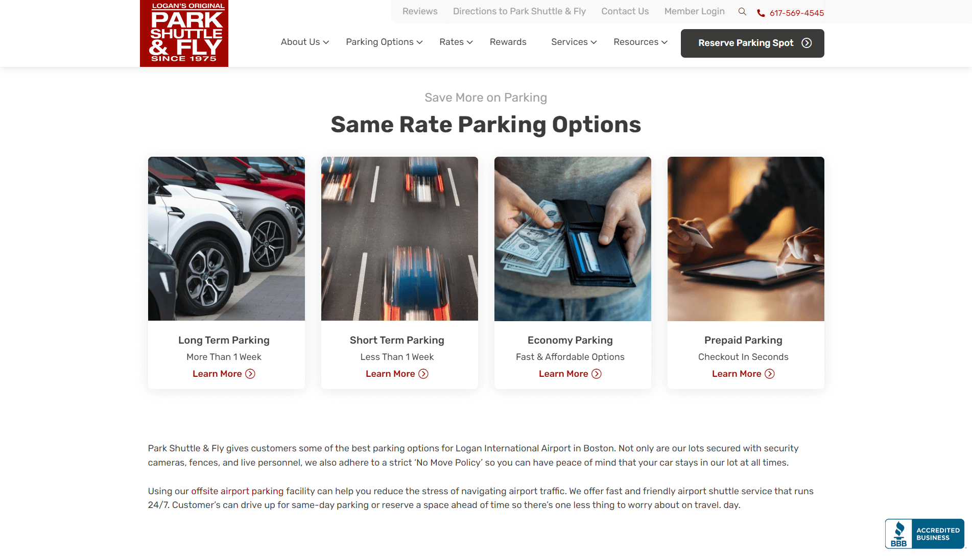 Webpage for Park Shuttle & Fly showcasing parking options with images of parked cars, blurred traffic lanes, hands holding cash, and hands using a tablet, along with descriptions for long term, short term, economy, and prepaid parking. Contact information and a BBB accreditation seal are also displayed.