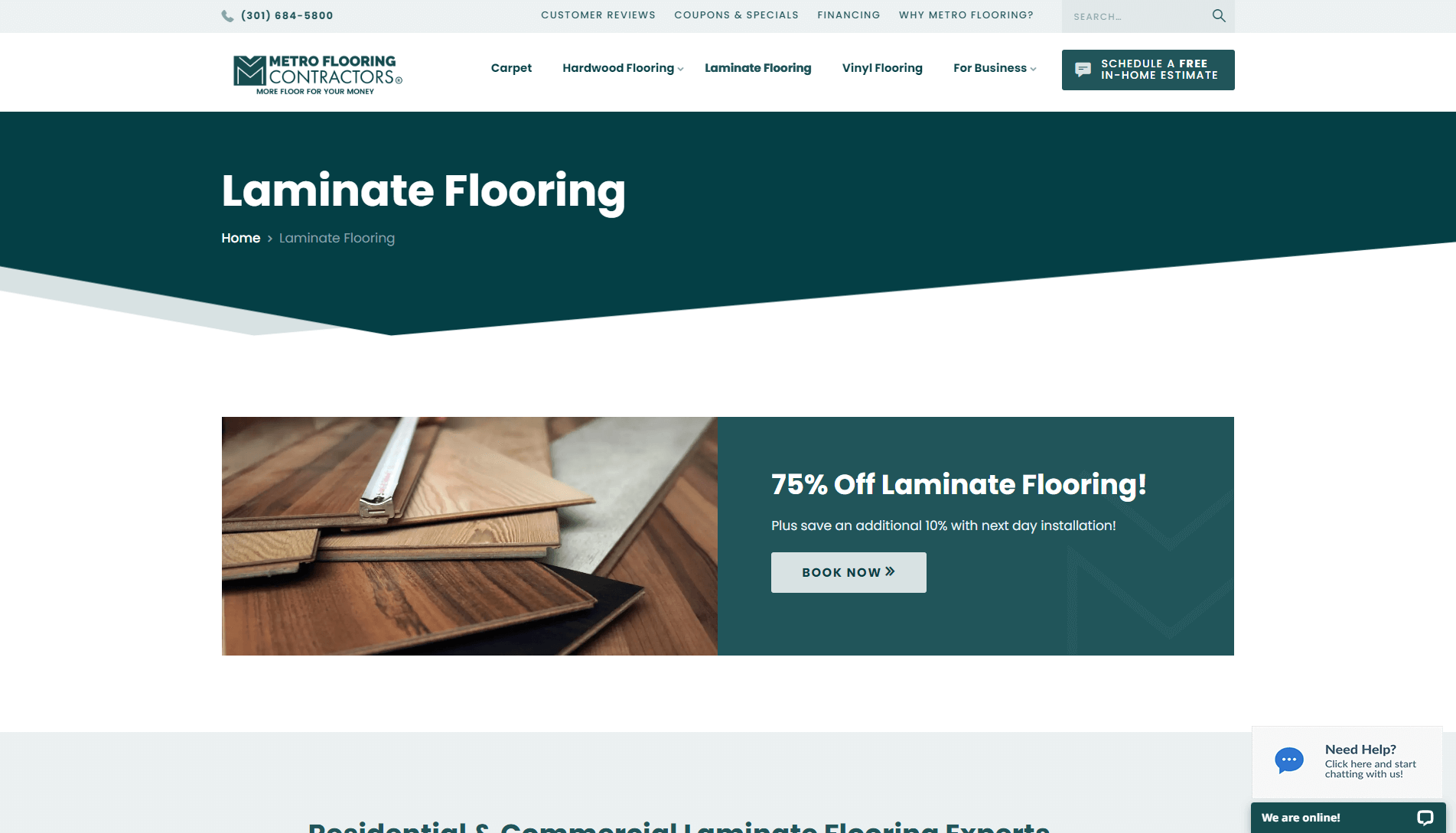 Webpage screenshot of METRO FLOORING CONTRACTORS featuring a 75% off promotion on laminate flooring with an additional 10% discount for next-day installation, navigation menu, and contact options.