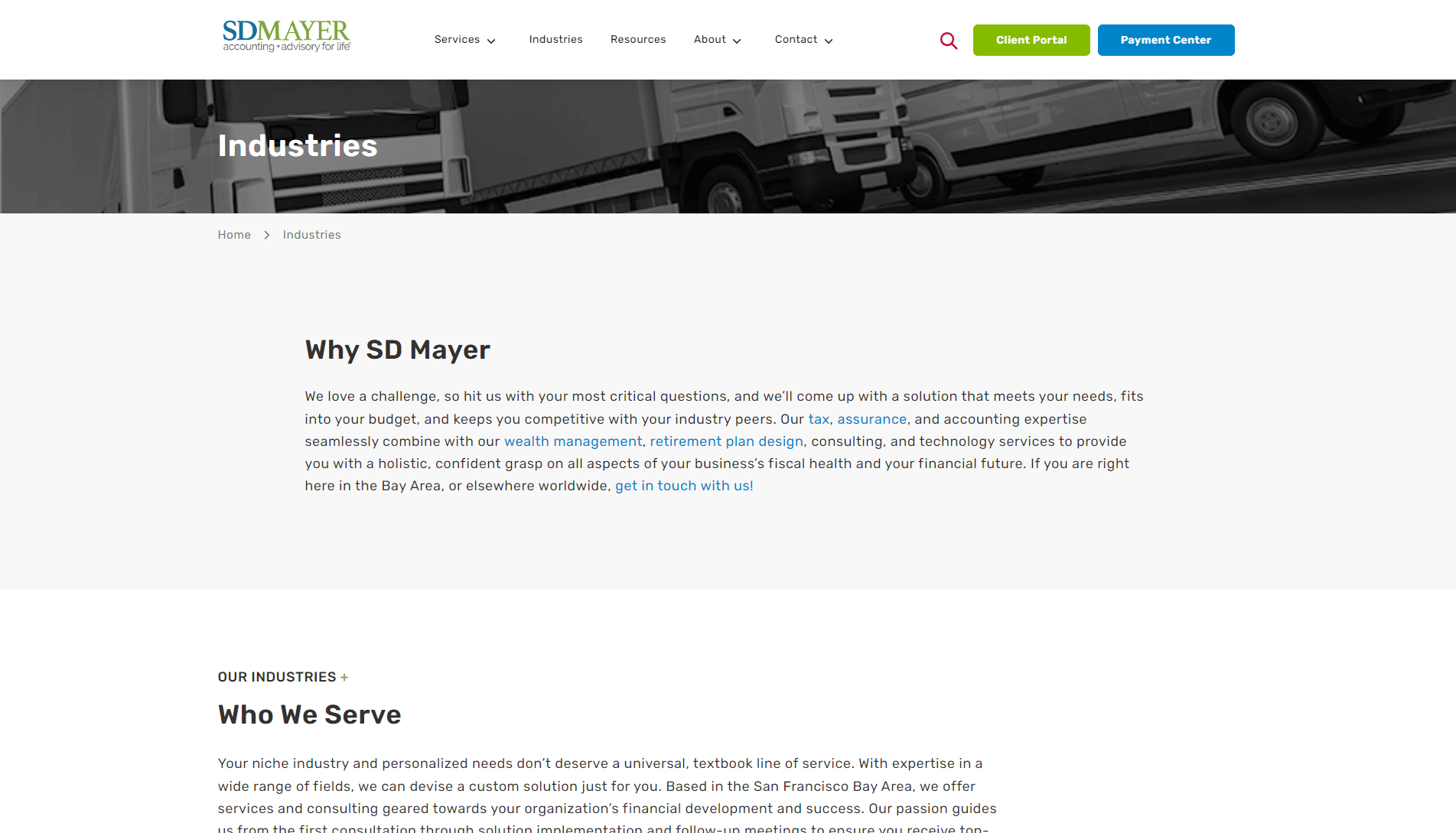 Screenshot of the SD Mayer accounting and advisory firm's webpage with a navigation menu, 'Industries' banner, and a section explaining why to choose their services.