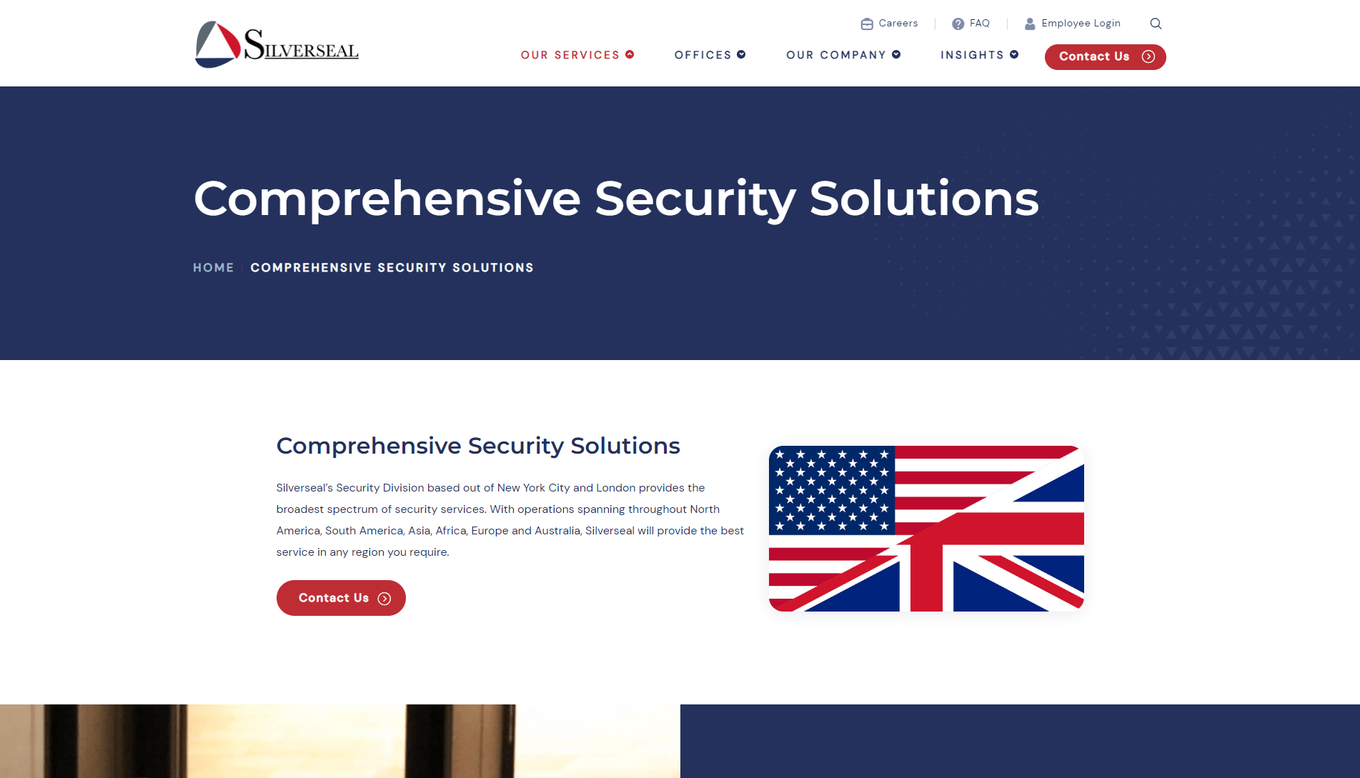 Webpage header for SilverSeal with a navigation menu, company description, and a combined graphic of the US and UK flags, indicating their operational regions.