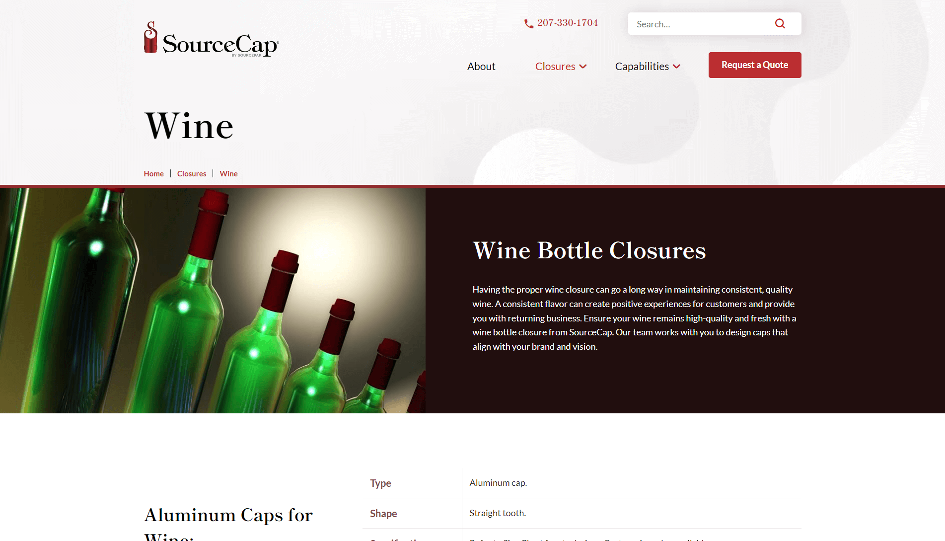 Screenshot of a SourceCap webpage featuring wine bottle closures, with a navigation menu, a 'Wine' heading, and a photo of green wine bottles with red aluminum caps.