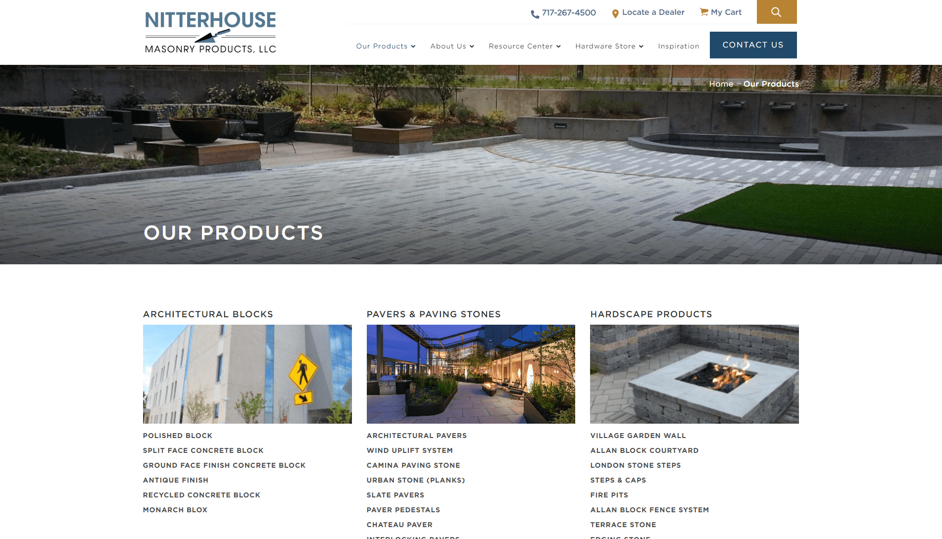 Screenshot of Nitterhouse Masonry Products website featuring a navigation menu and three product categories: Architectural Blocks, Pavers & Paving Stones, and Hardscape Products, each with a list of specific items and corresponding images.