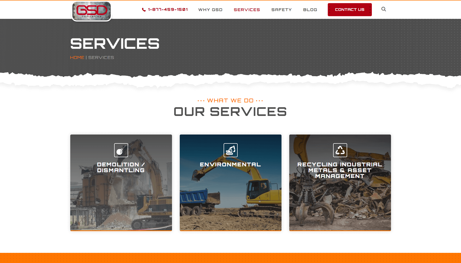 Webpage section from GSD company showing 'OUR SERVICES' with three categories: Demolition & Dismantling with an excavator tearing down a building, Environmental with an excavator and dump truck, and Recycling Industrial Metals & Asset Management with a pile of scrap metal.