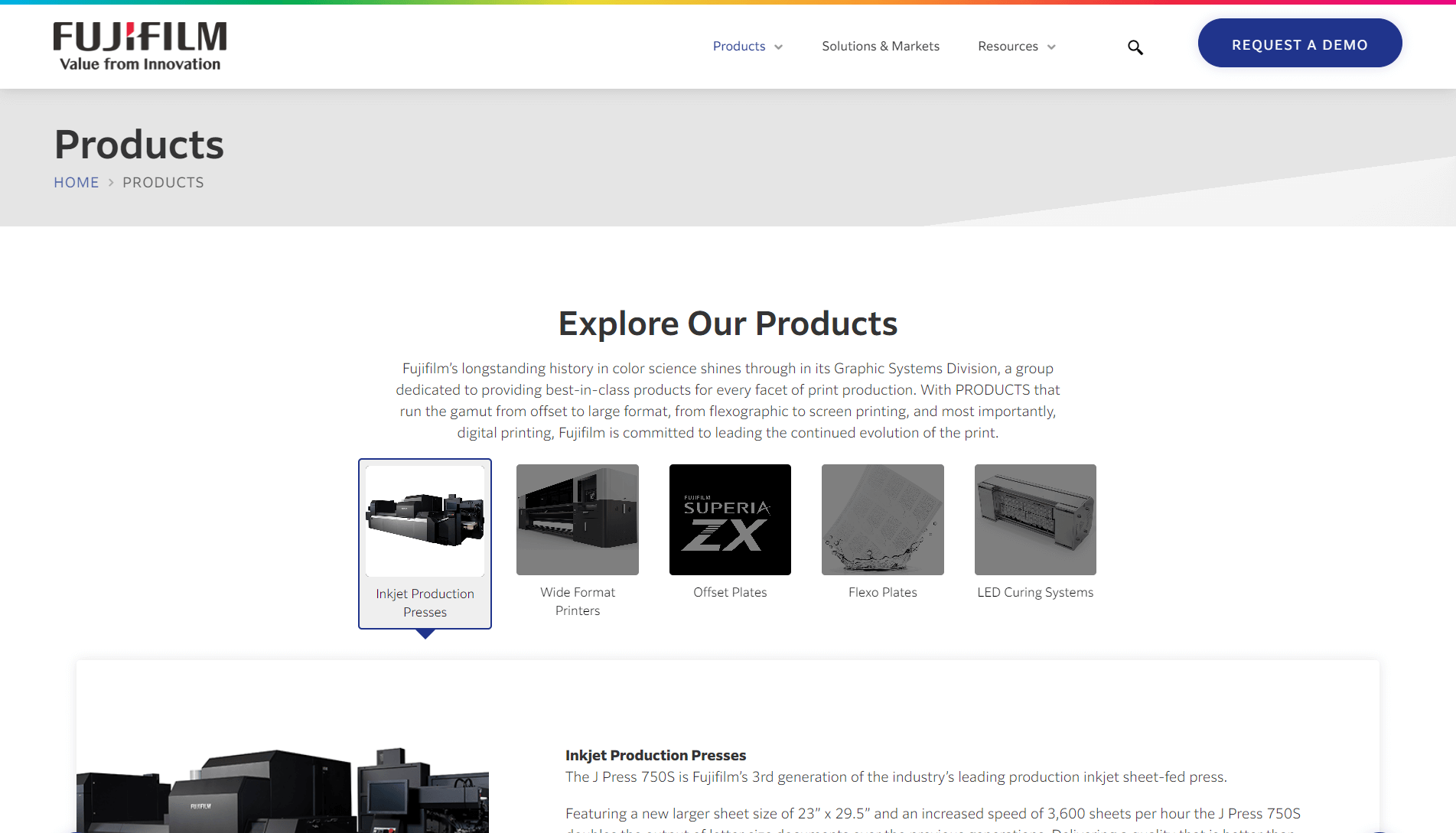 Screenshot of Fujifilm's product webpage featuring categories such as Inkjet Production Presses, Wide Format Printers, Offset Plates, Flexo Plates, and LED Curing Systems with corresponding images and descriptions.