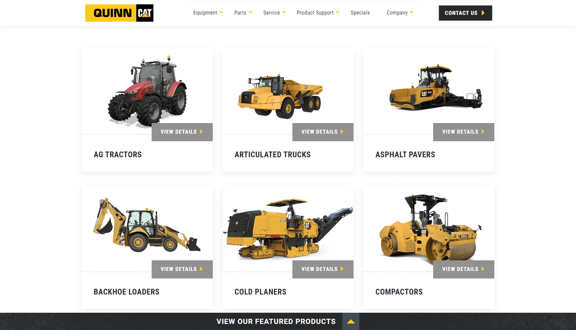 A webpage section from QUINN CAT showcasing six types of heavy machinery: AG Tractors, Articulated Trucks, Asphalt Pavers, Backhoe Loaders, Cold Planers, and Compactors, each with a 'VIEW DETAILS' button.