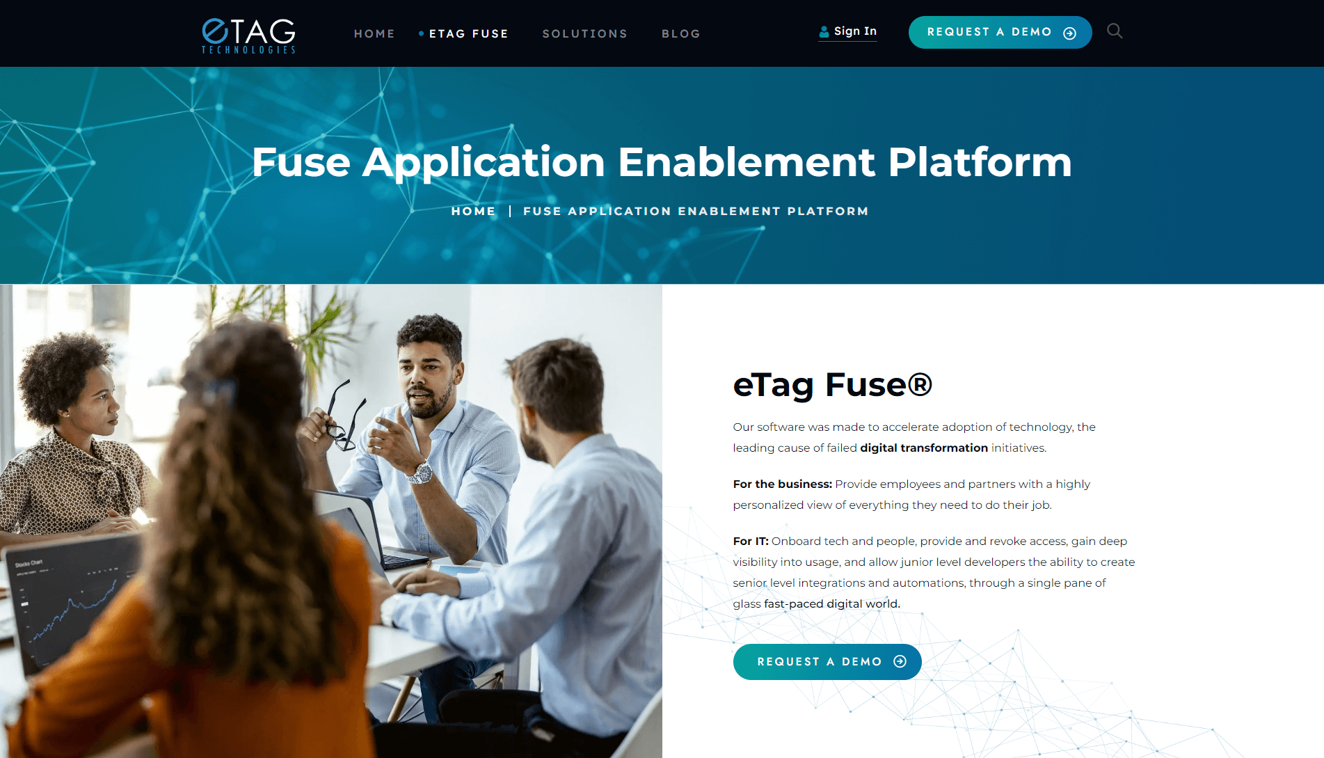 Screenshot of eTag Technologies website featuring eTag Fuse® product, with a navigation bar, a banner with text about the application enablement platform, and an image of a business meeting with three people and a laptop displaying a graph.