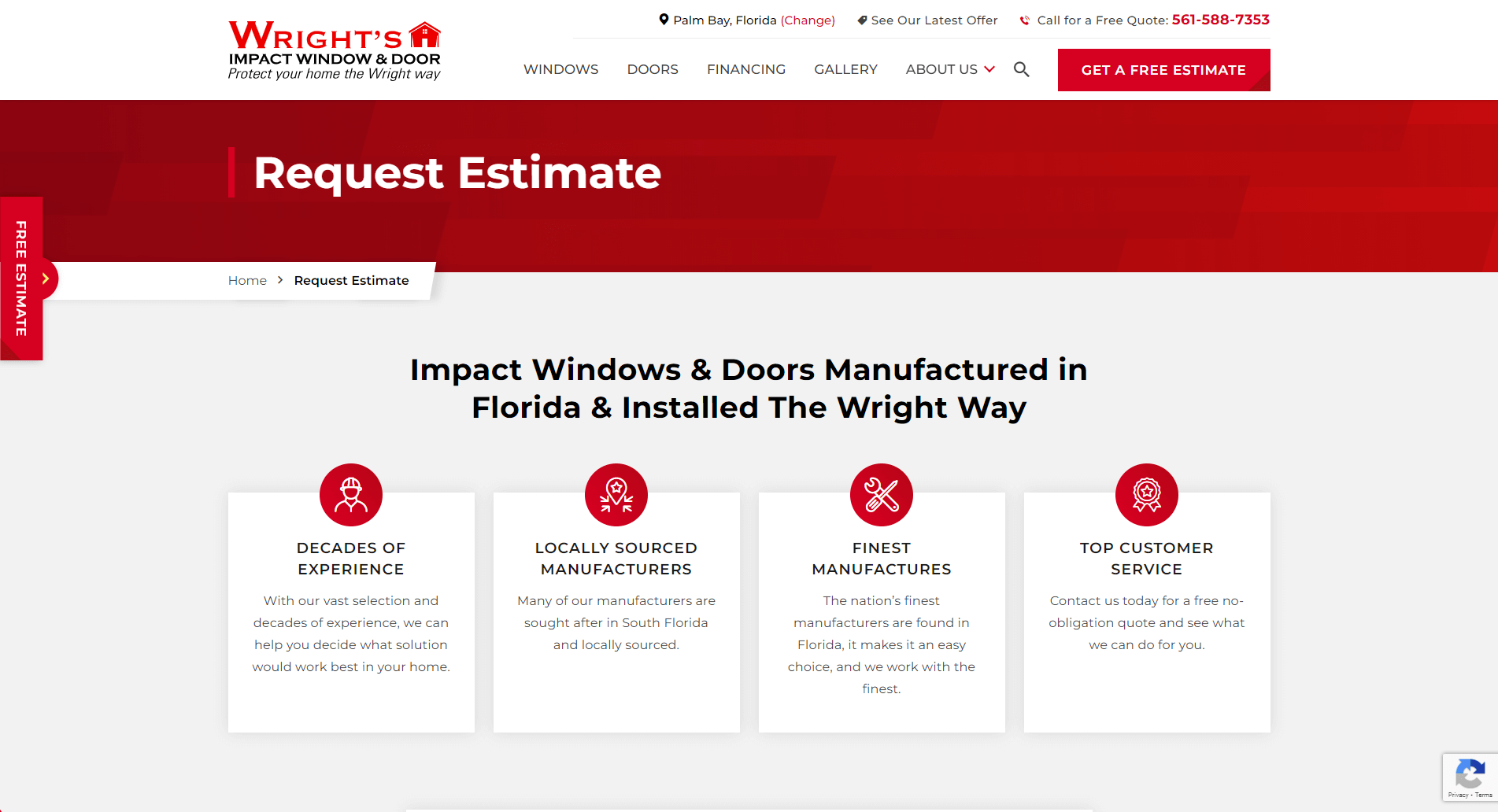 Screenshot of Wright's Impact Windows & Doors website featuring a navigation bar, a 'Request Estimate' banner, and four informational cards about the company's experience, local sourcing, quality manufacturing, and customer service.