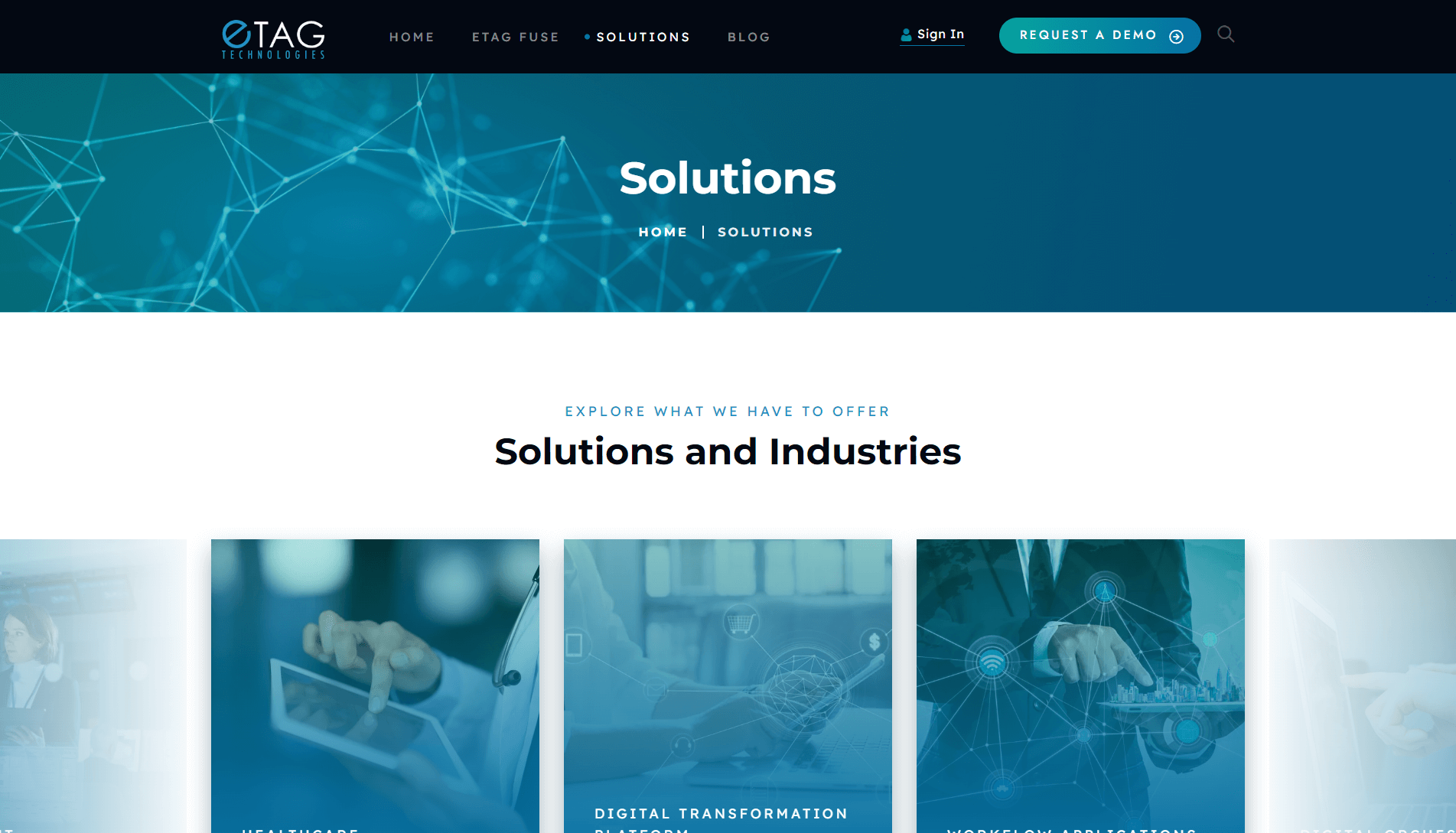 Screenshot of ETAG Technologies website's solutions page featuring a navigation menu, a 'Solutions and Industries' section with a grid of thematic images for healthcare, digital transformation, workflow automation, and digital commerce.