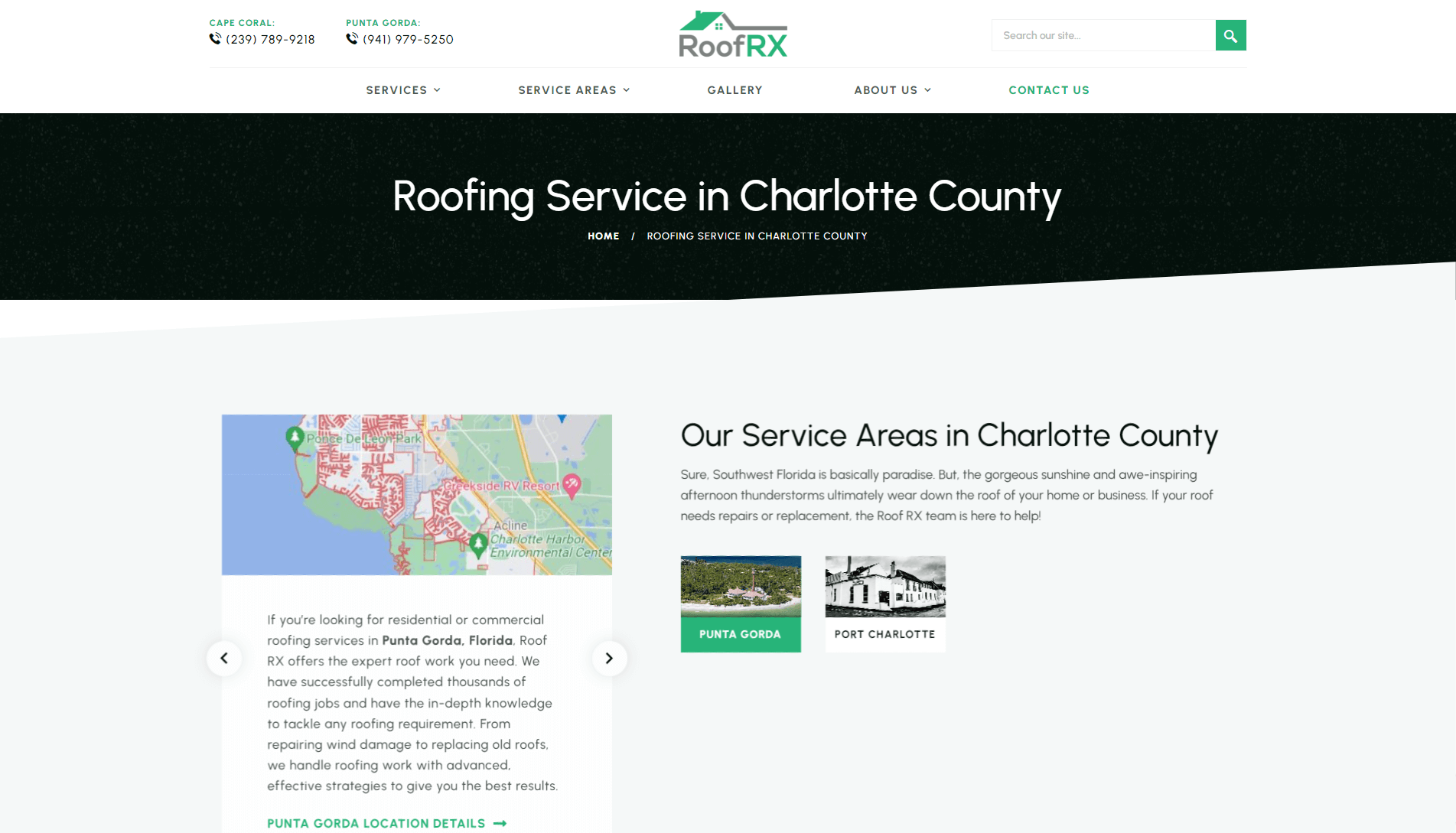 Screenshot of RoofRX roofing service webpage for Charlotte County with a map of service areas, contact information, and images of Punta Gorda and Port Charlotte.