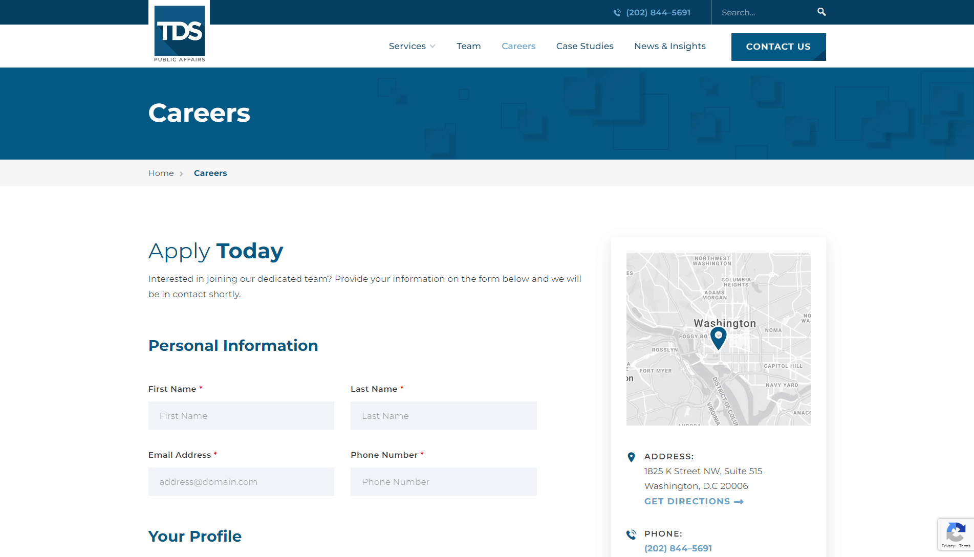 Screenshot of the TDS Public Affairs careers webpage with a job application form and contact information including a map of Washington, D.C.