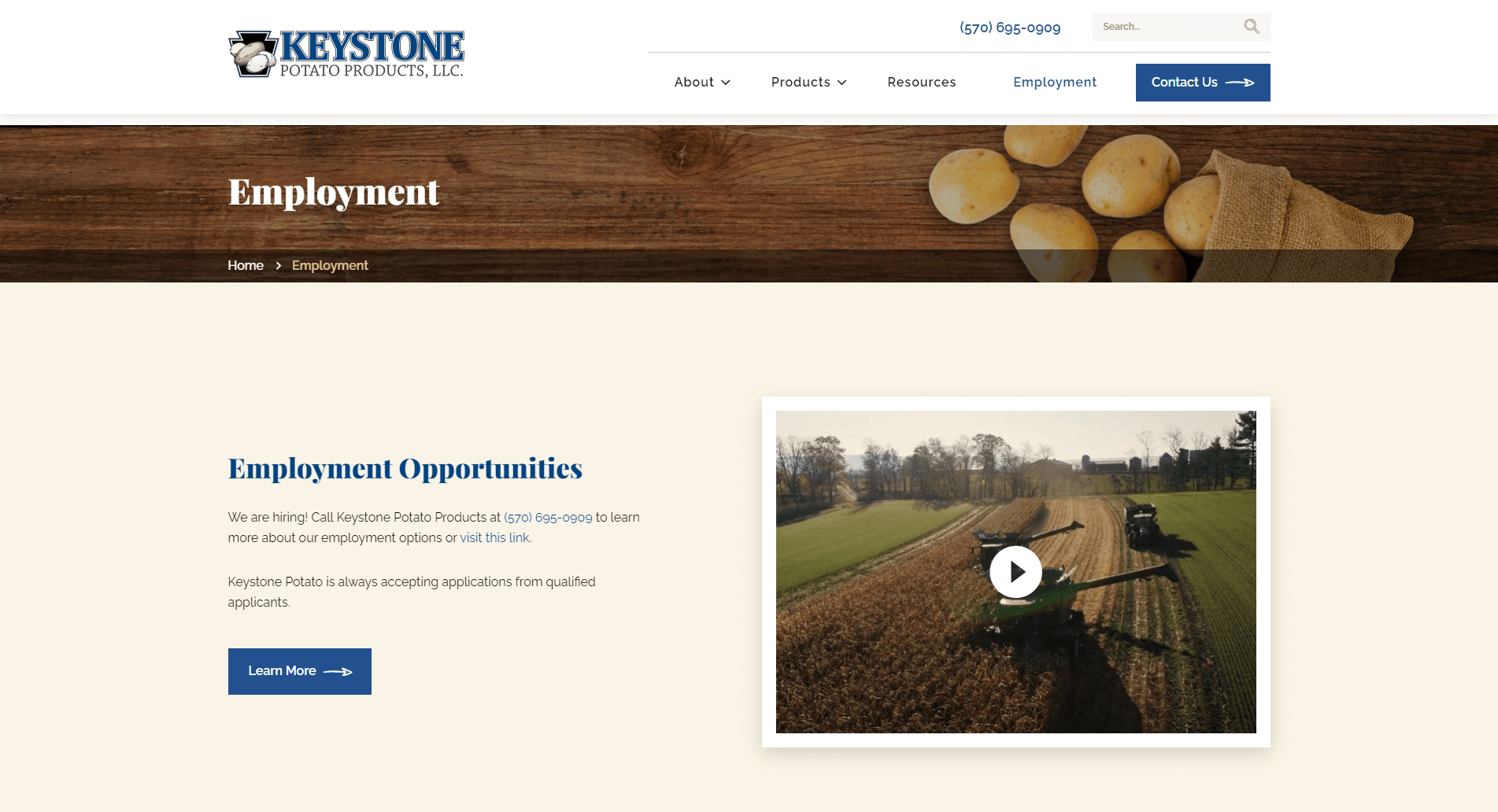 Screenshot of Keystone Potato Products employment webpage with a header, contact information, a section on employment opportunities with a 'Learn More' button, and an embedded video of a tractor in a field.