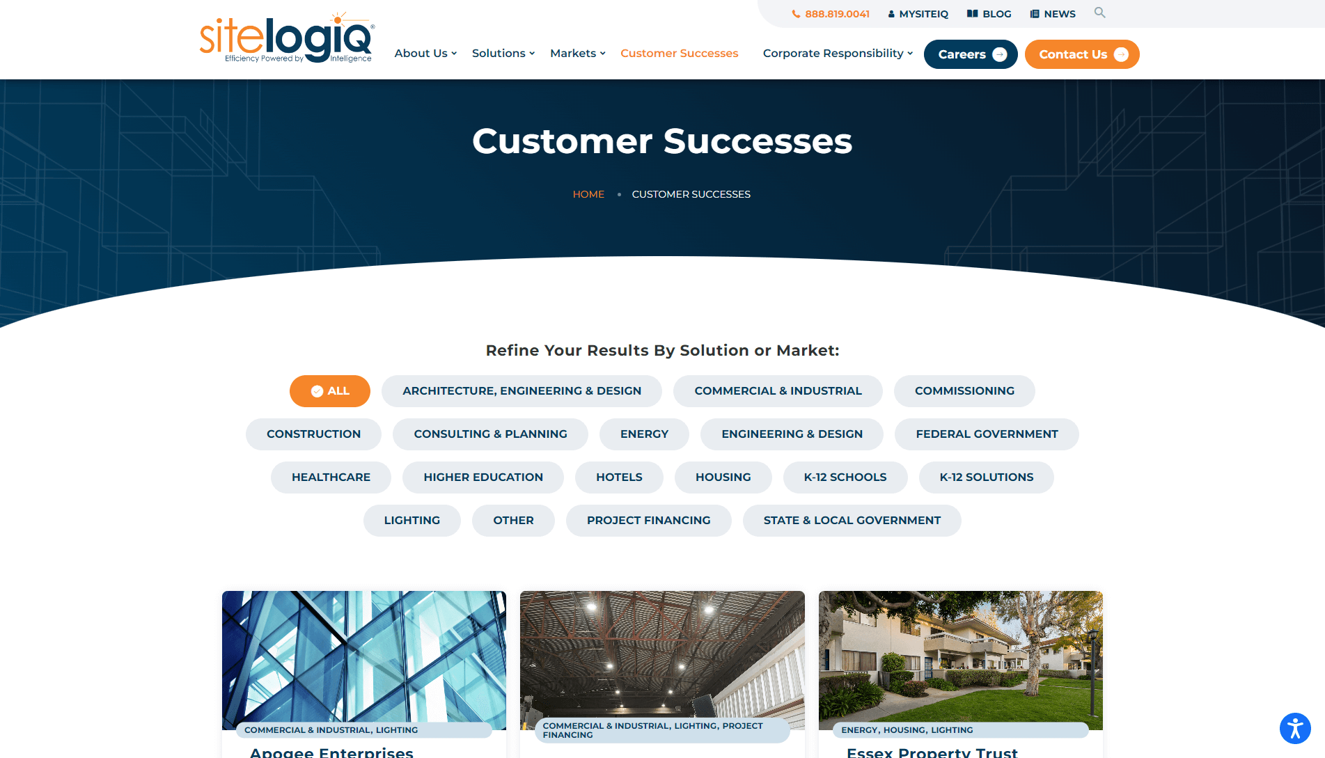 Screenshot of SiteLogIQ's 'Customer Successes' webpage with navigation menu, categories for refining results, and images representing different service markets.