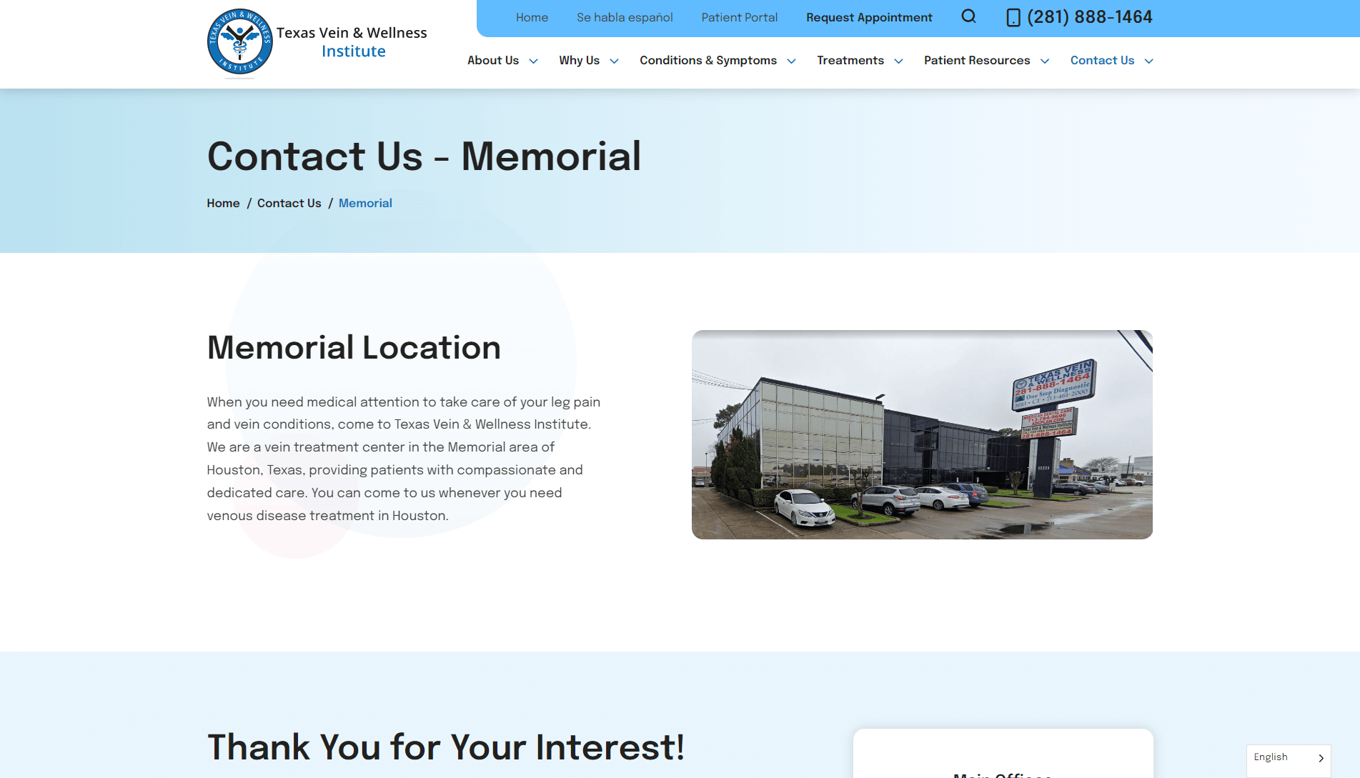 Screenshot of the Texas Vein & Wellness Institute's 'Contact Us - Memorial' webpage, featuring a description of the Memorial location and a photo of the institute's modern building with a parking lot.