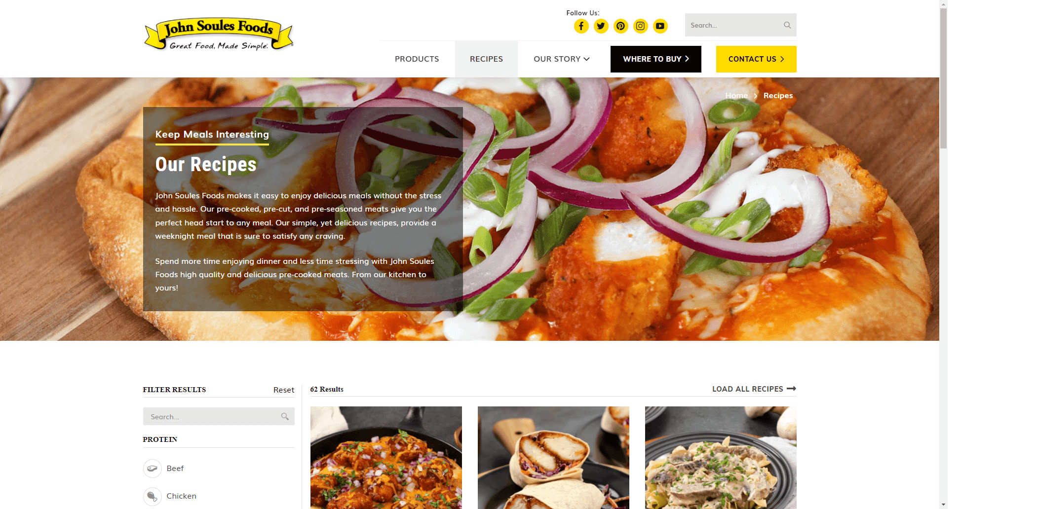 Screenshot of John Soules Foods recipe webpage with a banner, navigation menu, recipe descriptions, and images of dishes including a pizza with chicken and onions, and thumbnails of a wrap and pasta dish.