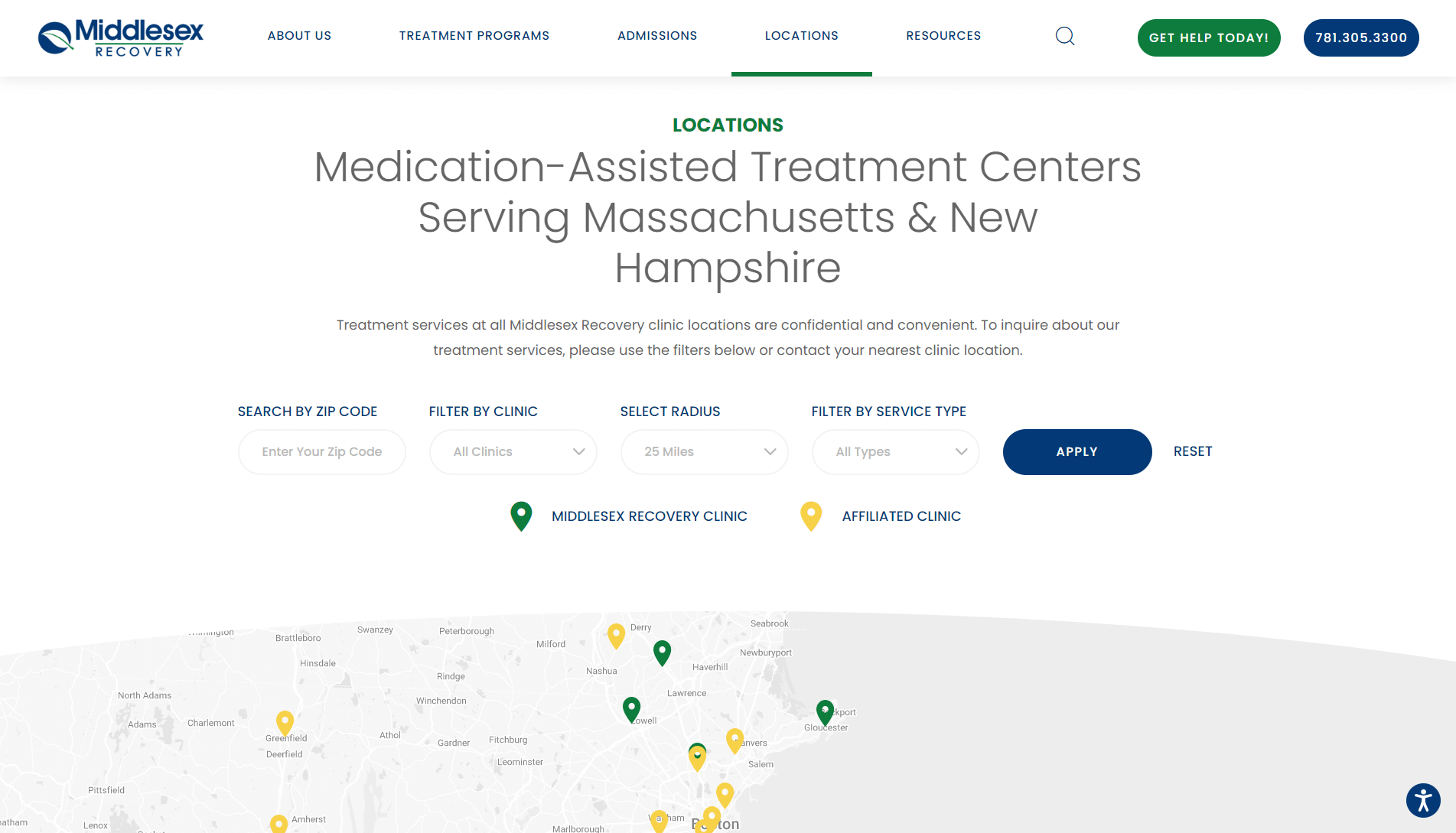 Screenshot of Middlesex Recovery's locations webpage with a map showing clinic locations in Massachusetts and New Hampshire, search and filter options, and contact information.