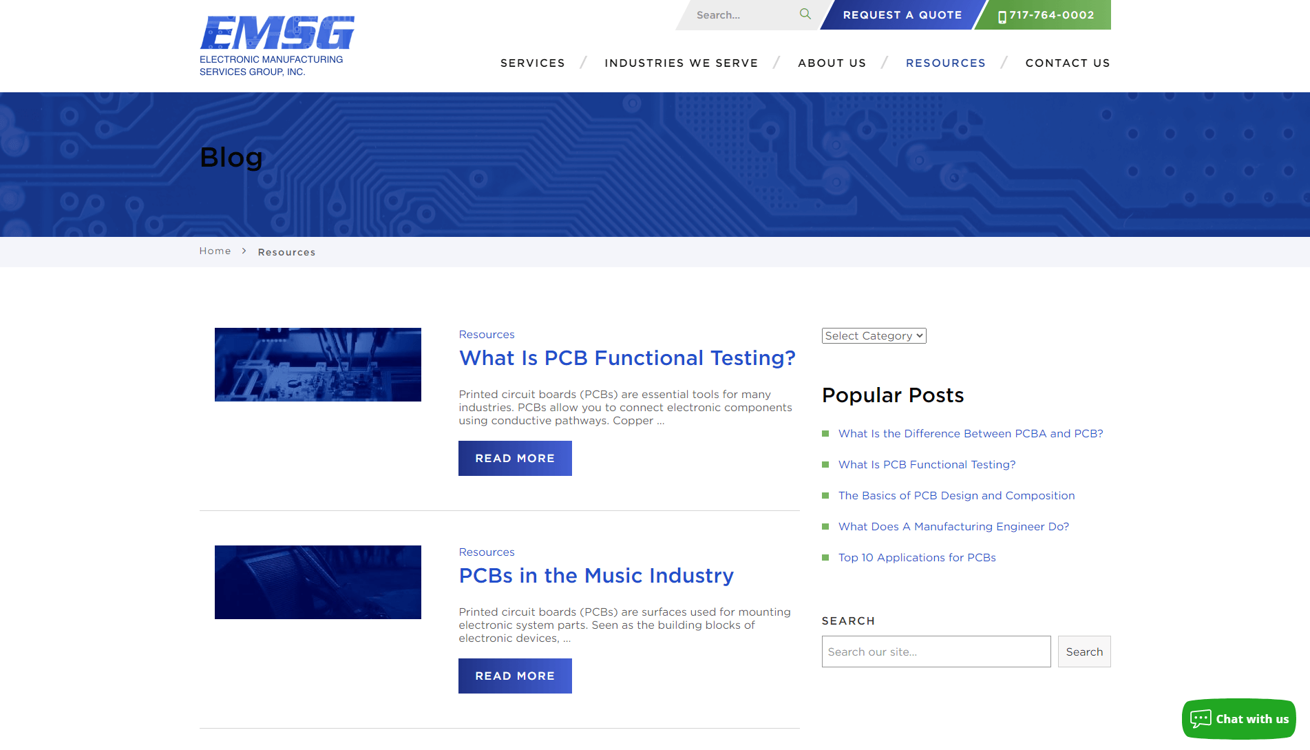 Screenshot of the blog section on the EMSG website featuring articles about PCB functional testing and PCBs in the music industry, with a navigation bar, search function, and a chat option.