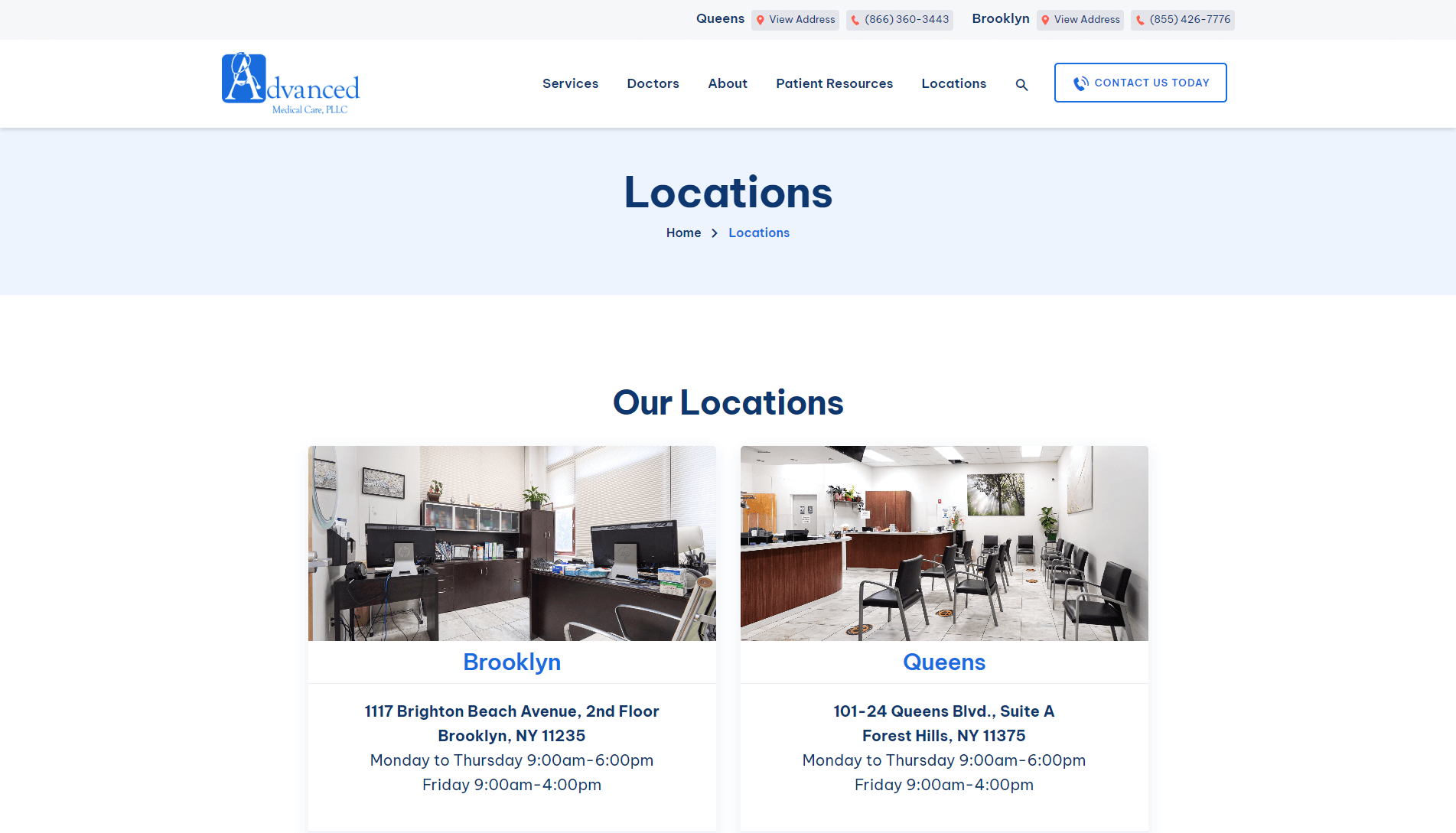 Screenshot of the 'Locations' page from Advanced Medical Care, PLLC website showing two office locations in Brooklyn and Queens, New York, with interior photos and addresses for each, along with office hours and contact phone numbers.