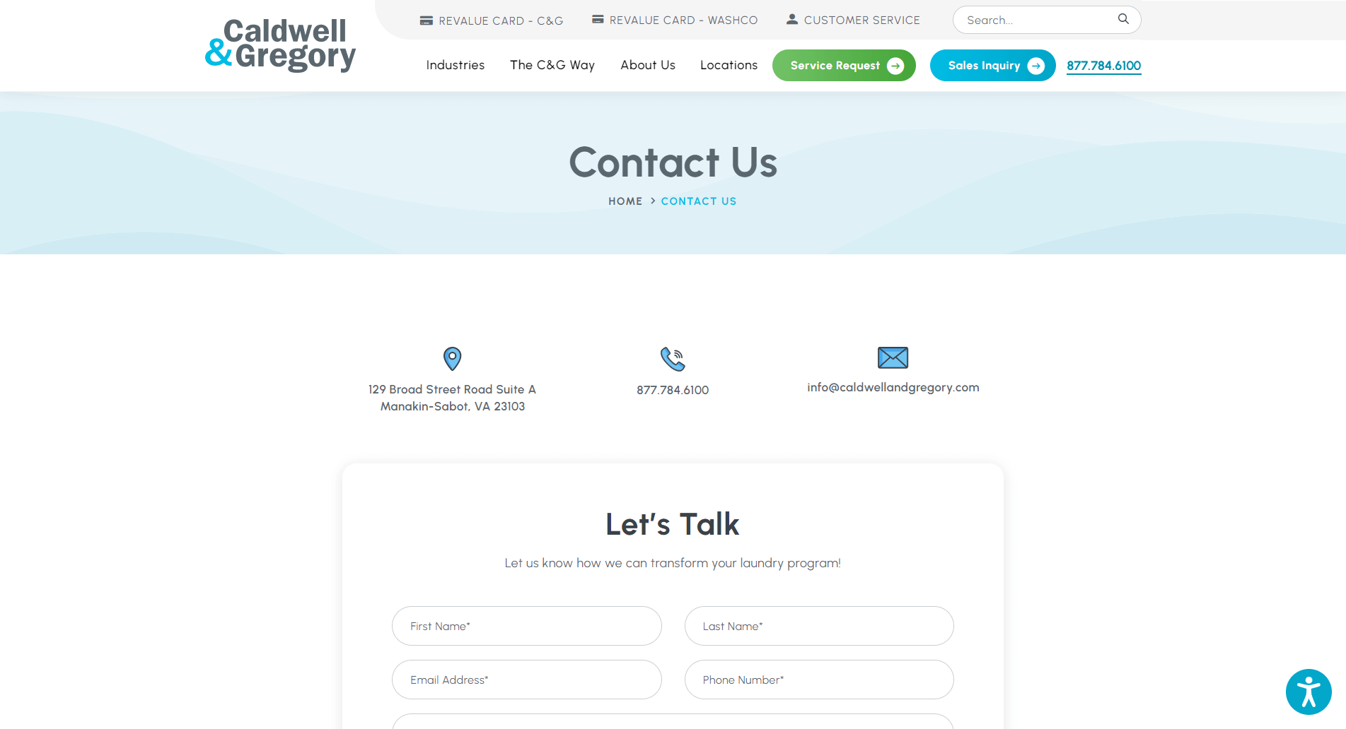 Screenshot of the 'Contact Us' page from the Caldwell & Gregory website, featuring contact information, a 'Let's Talk' inquiry form, and a navigation menu.