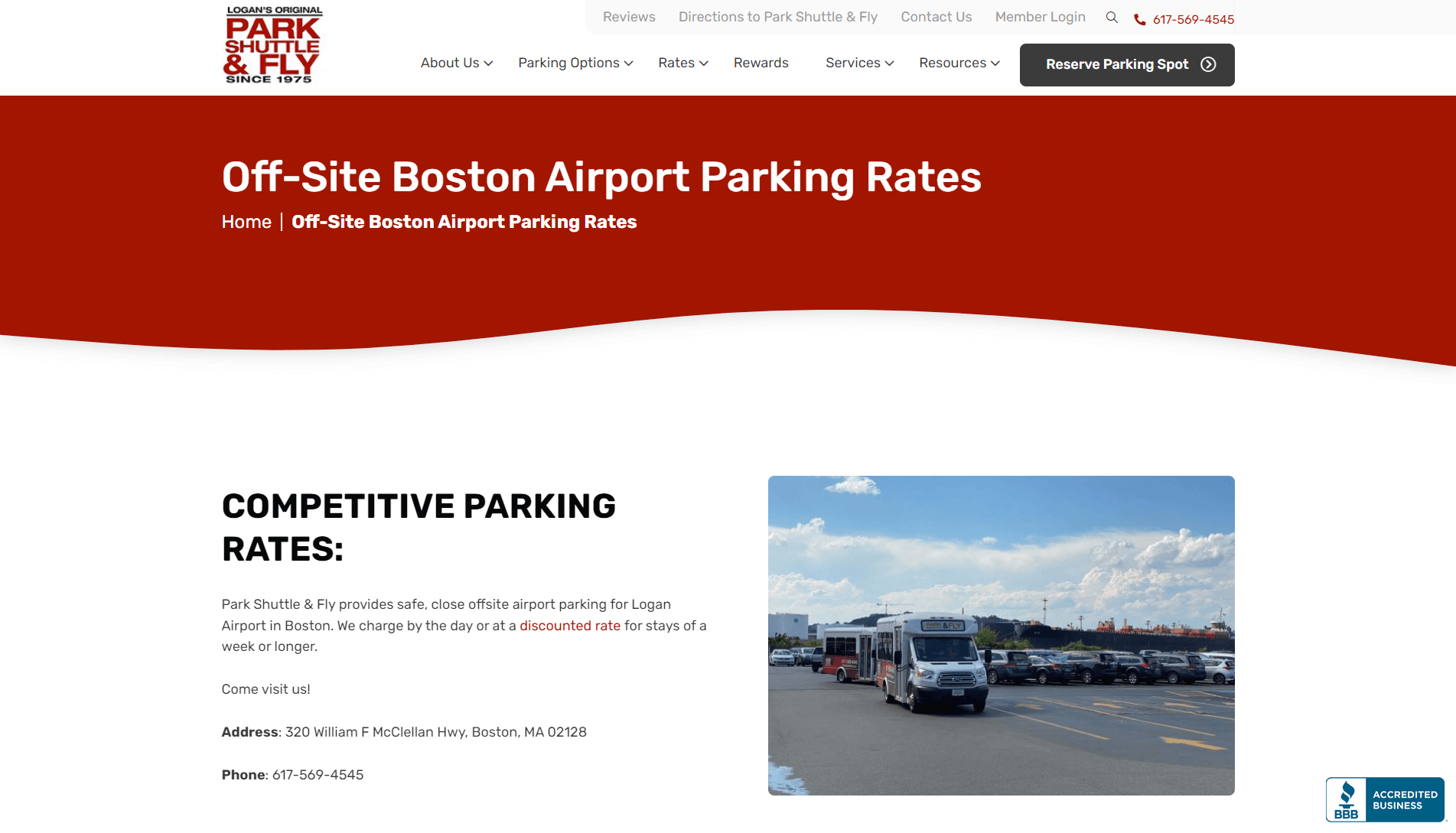 Webpage screenshot of Park Shuttle & Fly offering competitive off-site parking rates for Logan Airport in Boston, with contact information, a shuttle bus, parked cars, and the BBB accreditation logo.