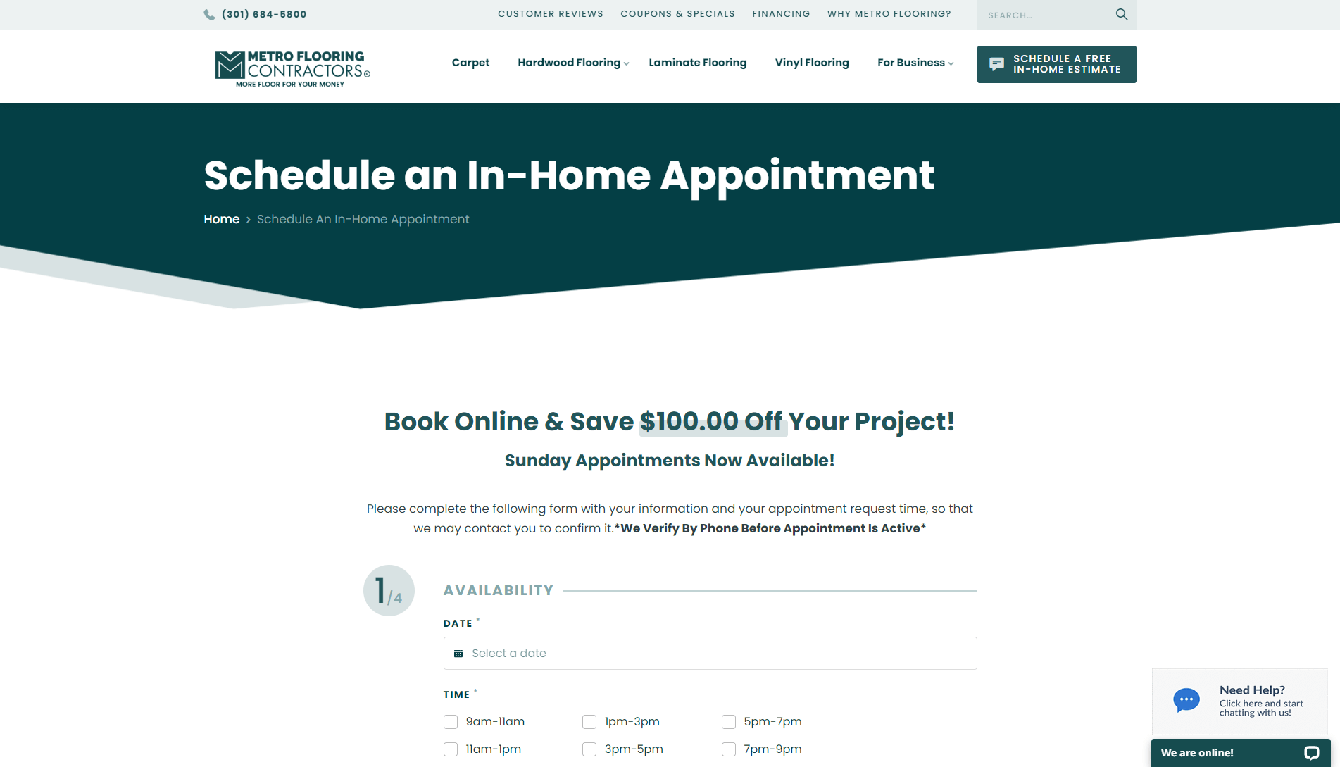 Webpage for scheduling an in-home appointment with Metro Flooring Contractors, featuring an online booking discount offer and a form to select date and time for the appointment.