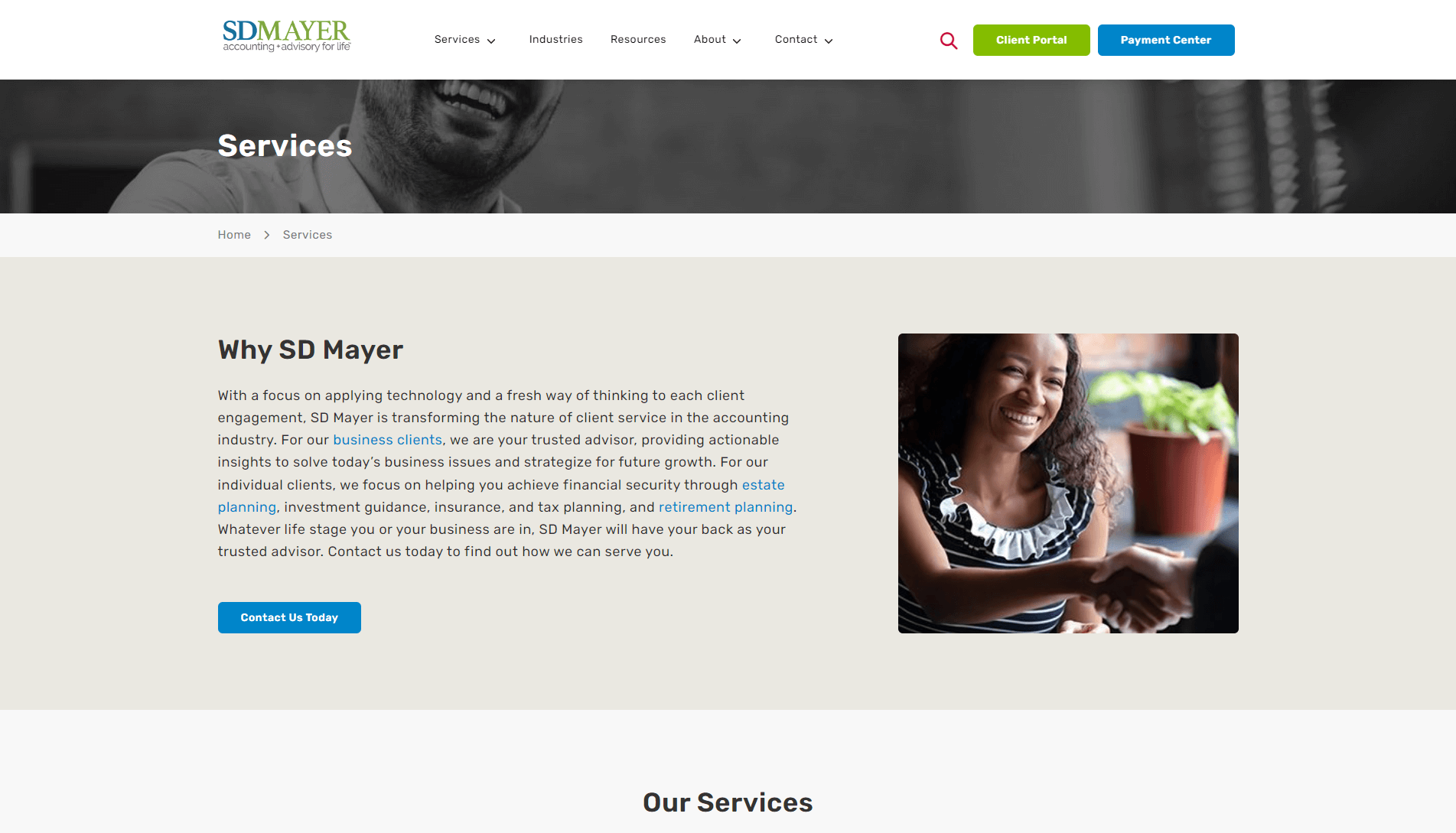 Webpage section from SD Mayer highlighting their services with a navigation bar, descriptive text about the company's offerings, and a photo of a smiling woman shaking hands with another individual in a business setting.