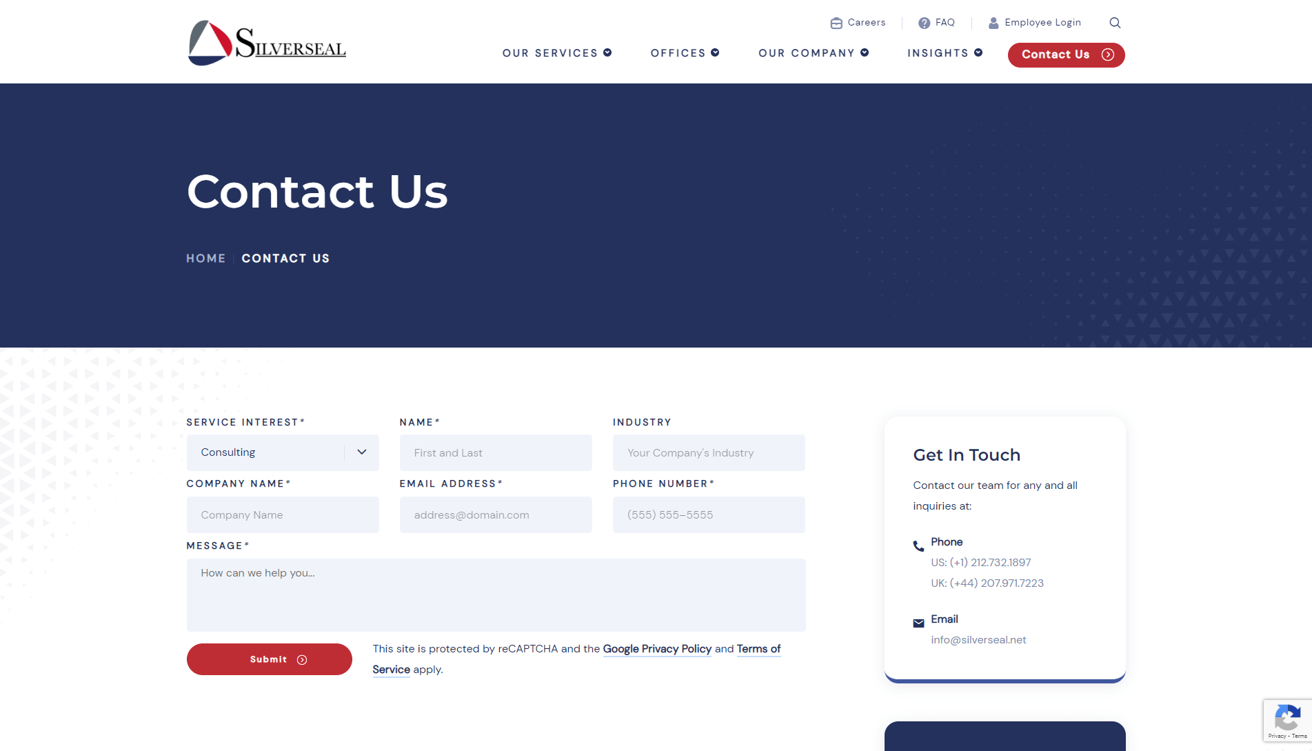 Screenshot of Silverseal's 'Contact Us' webpage featuring a contact form on the left and company contact information on the right, with a blue and white color scheme.