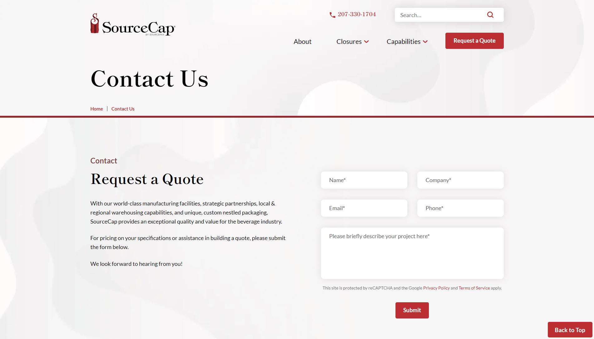 Screenshot of the 'Contact Us' page from the SourceCap website, featuring a quote request form with fields for name, email, company, phone, and project description, along with navigation links and company information.