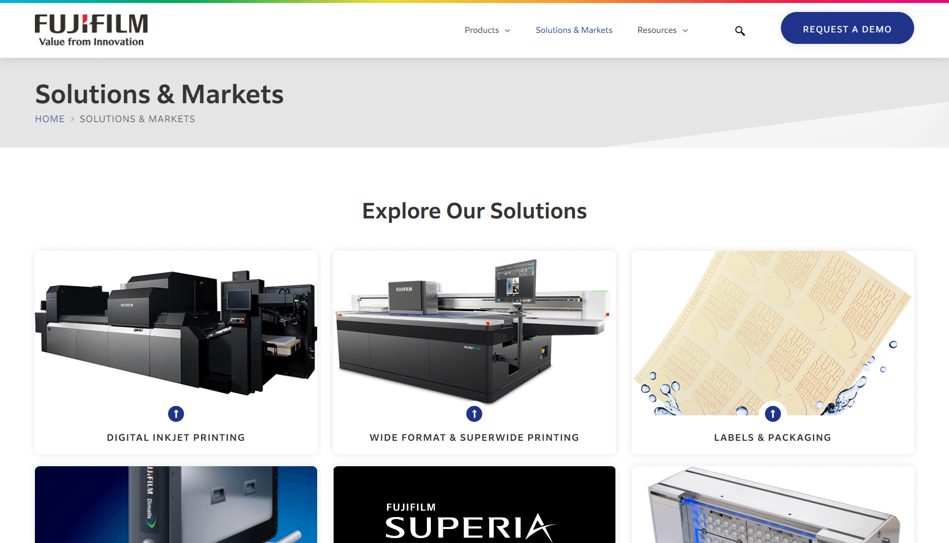 Fujifilm Solutions & Markets webpage displaying categories for Digital Inkjet Printing, Wide Format & Superwide Printing, and Labels & Packaging with corresponding images of printing equipment and samples.