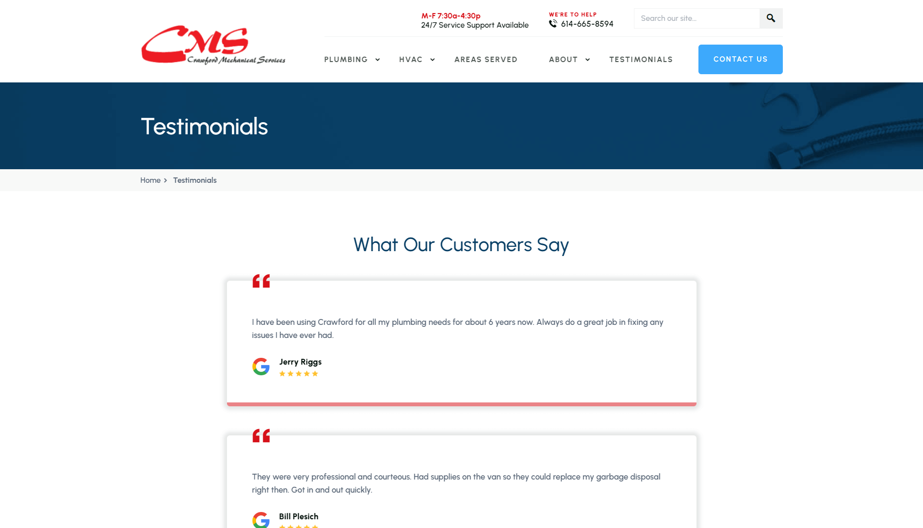 Webpage section from Crawford Mechanical Services showing customer testimonials with five-star ratings from Google.