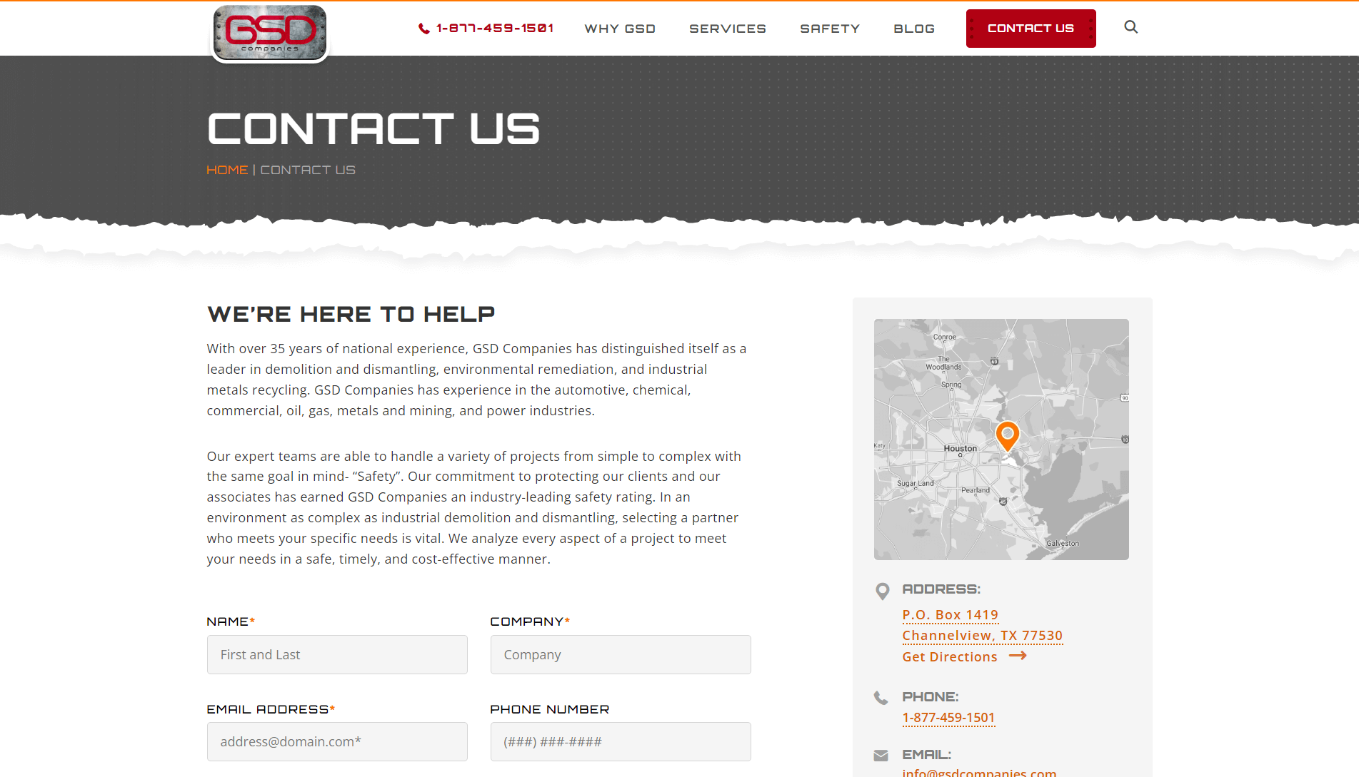 Screenshot of GSD Companies 'Contact Us' webpage with company description, contact form, and contact details including a map showing a location in Houston, Texas.