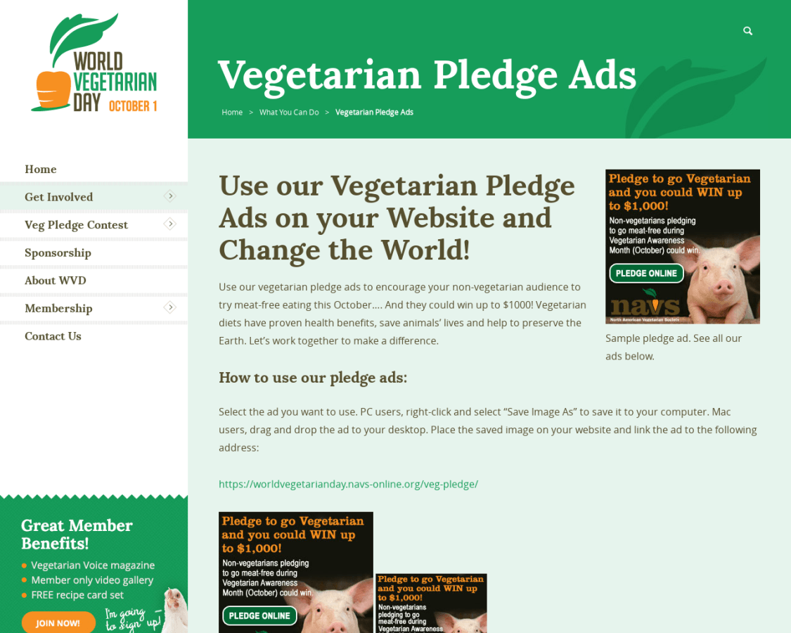 Screenshot of the World Vegetarian Day website's 'Vegetarian Pledge Ads' page, featuring navigation options, instructions for using pledge ads to promote vegetarianism, and a sample ad with a piglet encouraging a vegetarian pledge for a chance to win a prize.