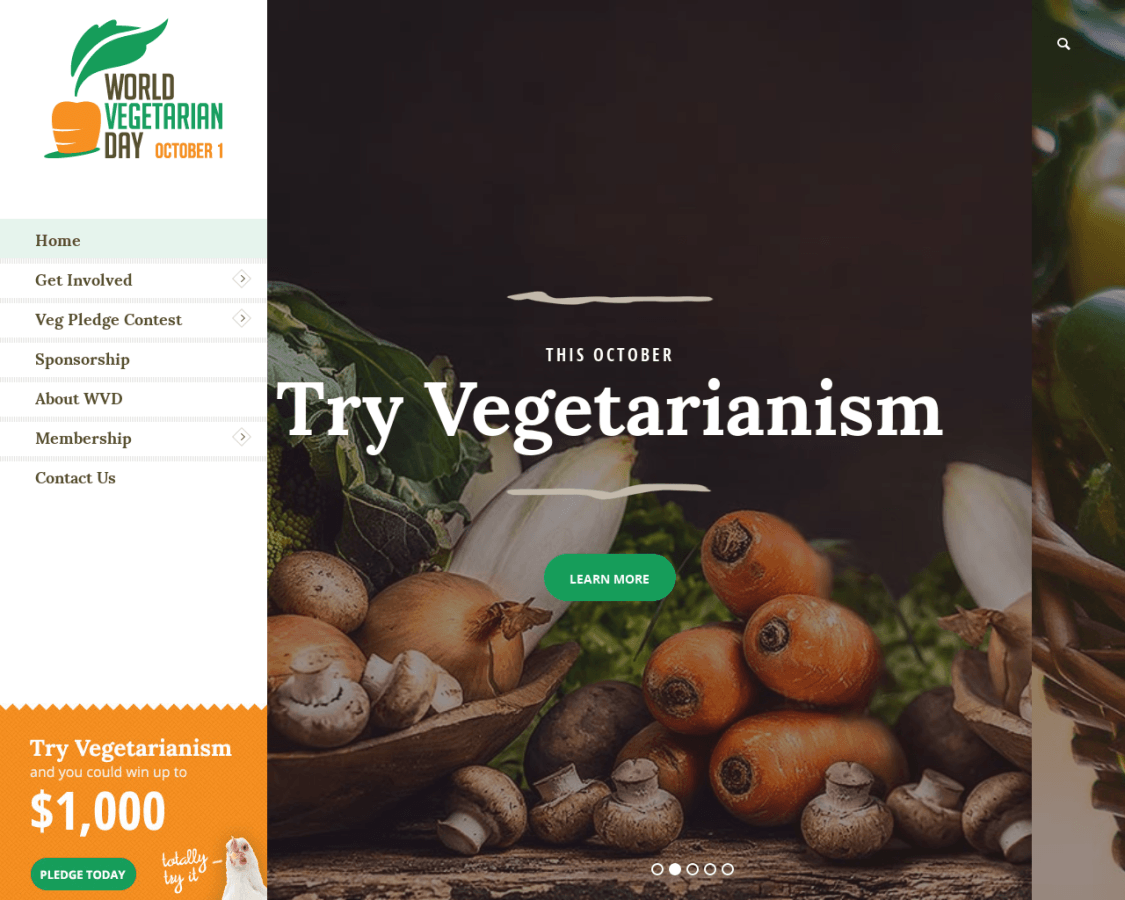 Screenshot of a World Vegetarian Day website with navigation menu, a 'Try Vegetarianism' heading for an October event, and a section promoting a contest to win up to $1,000 for pledging to try vegetarianism, with images of vegetables and a guinea pig.