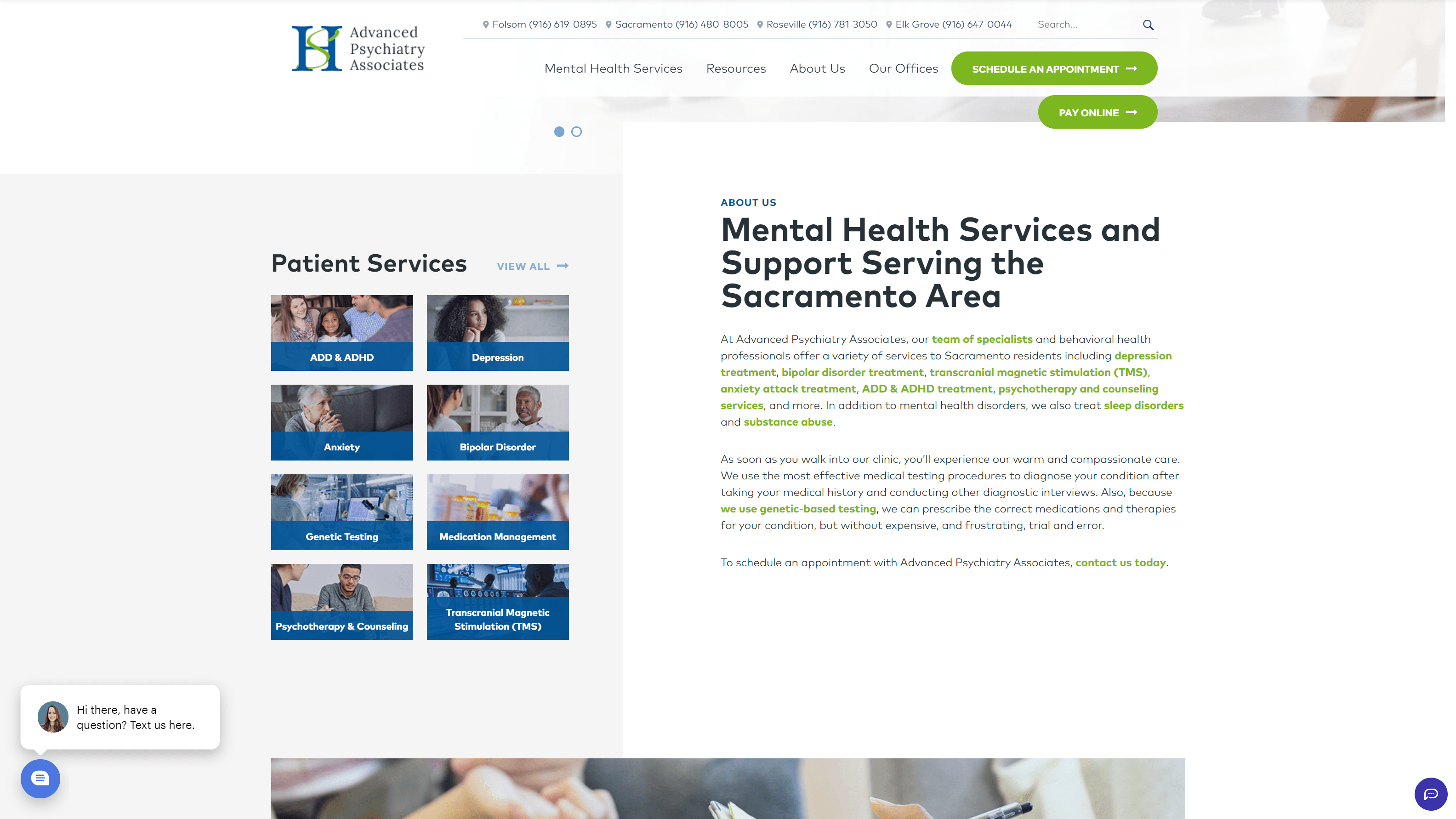 Screenshot of Advanced Psychiatry Associates website homepage featuring mental health services such as ADD & ADHD, Depression, Anxiety, and more, with a chatbot prompt for assistance.