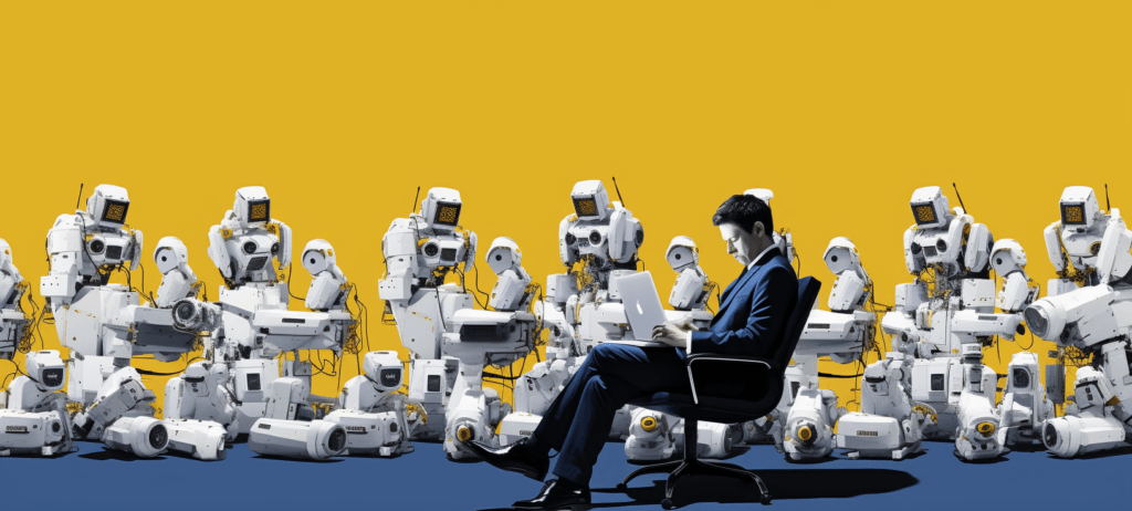 A man in a suit is working on a laptop surrounded by a group of disassembled humanoid robots against a bright yellow background.