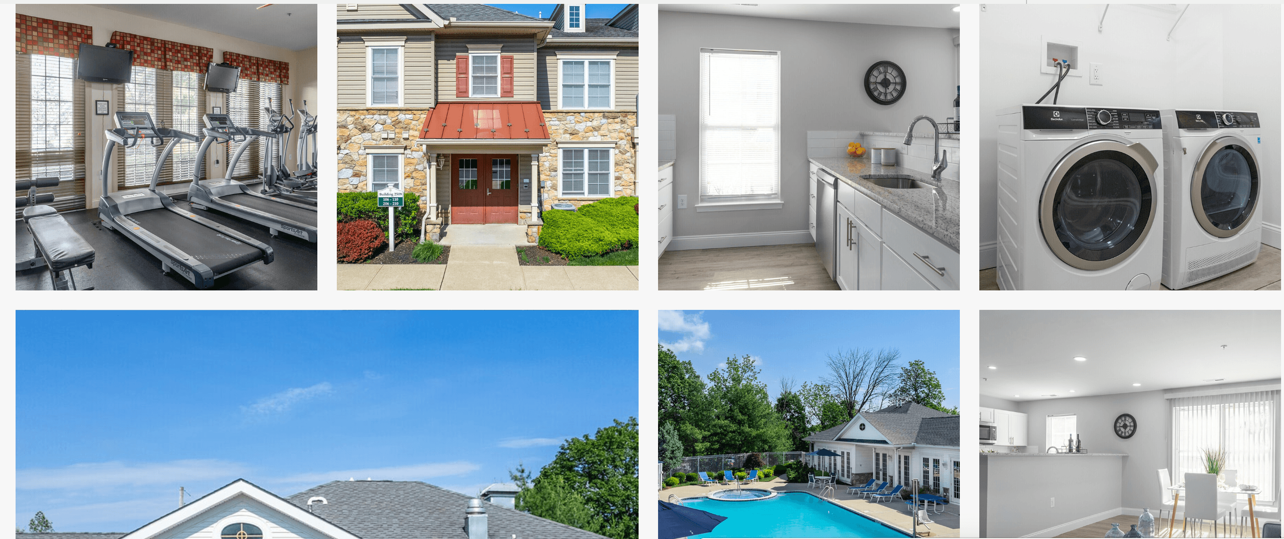 Photo gallery of apartment amentities including a gym, washer and dyer, and a pool