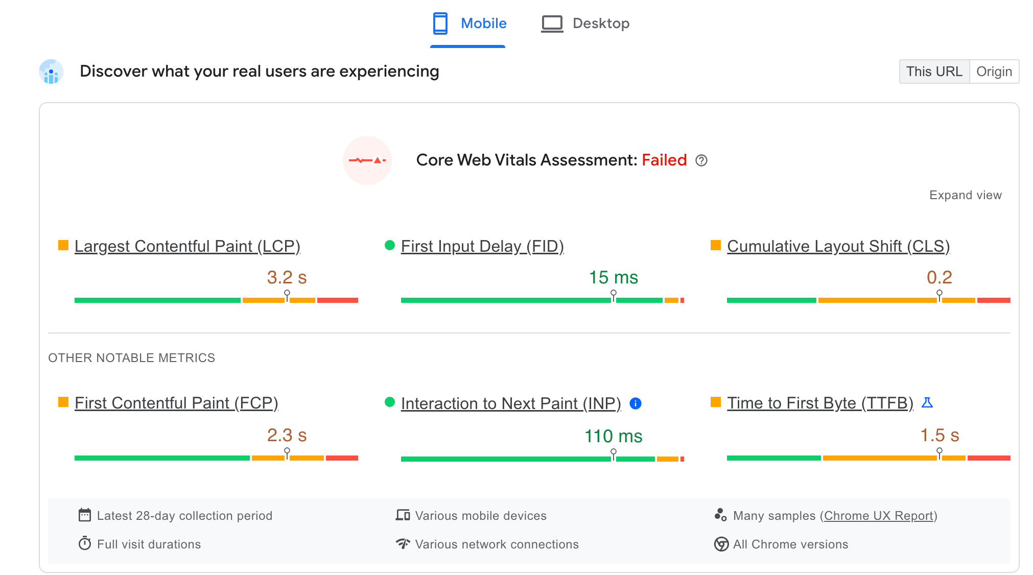 Google PageSpeed Insights showing the website load times