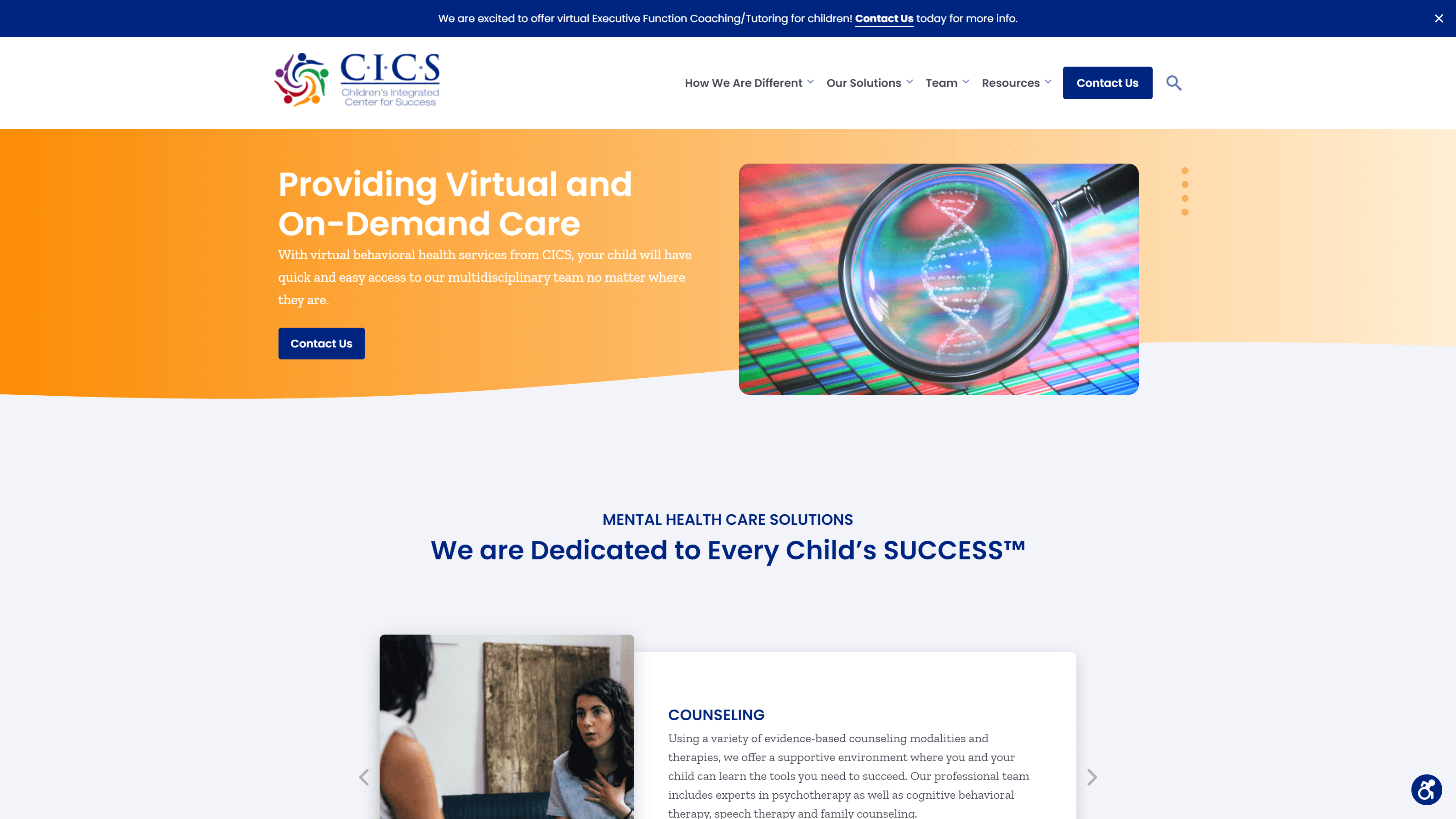 Screenshot of the Children's Integrated Center for Success website featuring a banner about virtual and on-demand care, a section on mental health care solutions, and a photo of a thoughtful woman.