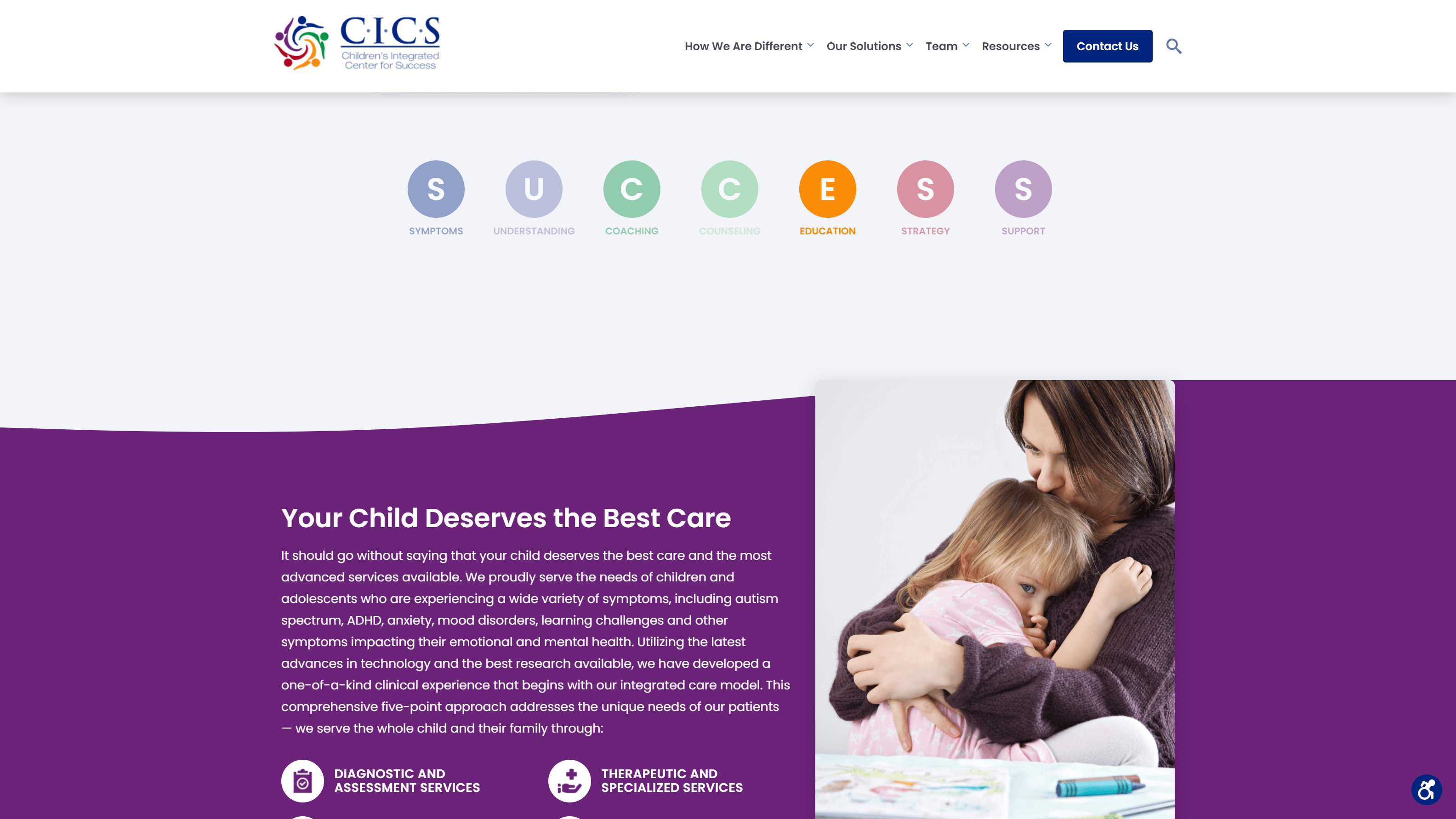 Screenshot of the Children's Integrated Center for Success website featuring navigation options, a 'SUCCESS' acronym for services, a description of child care services, and a photo of a woman comforting a young child with crayons and paper on a table in front of them.