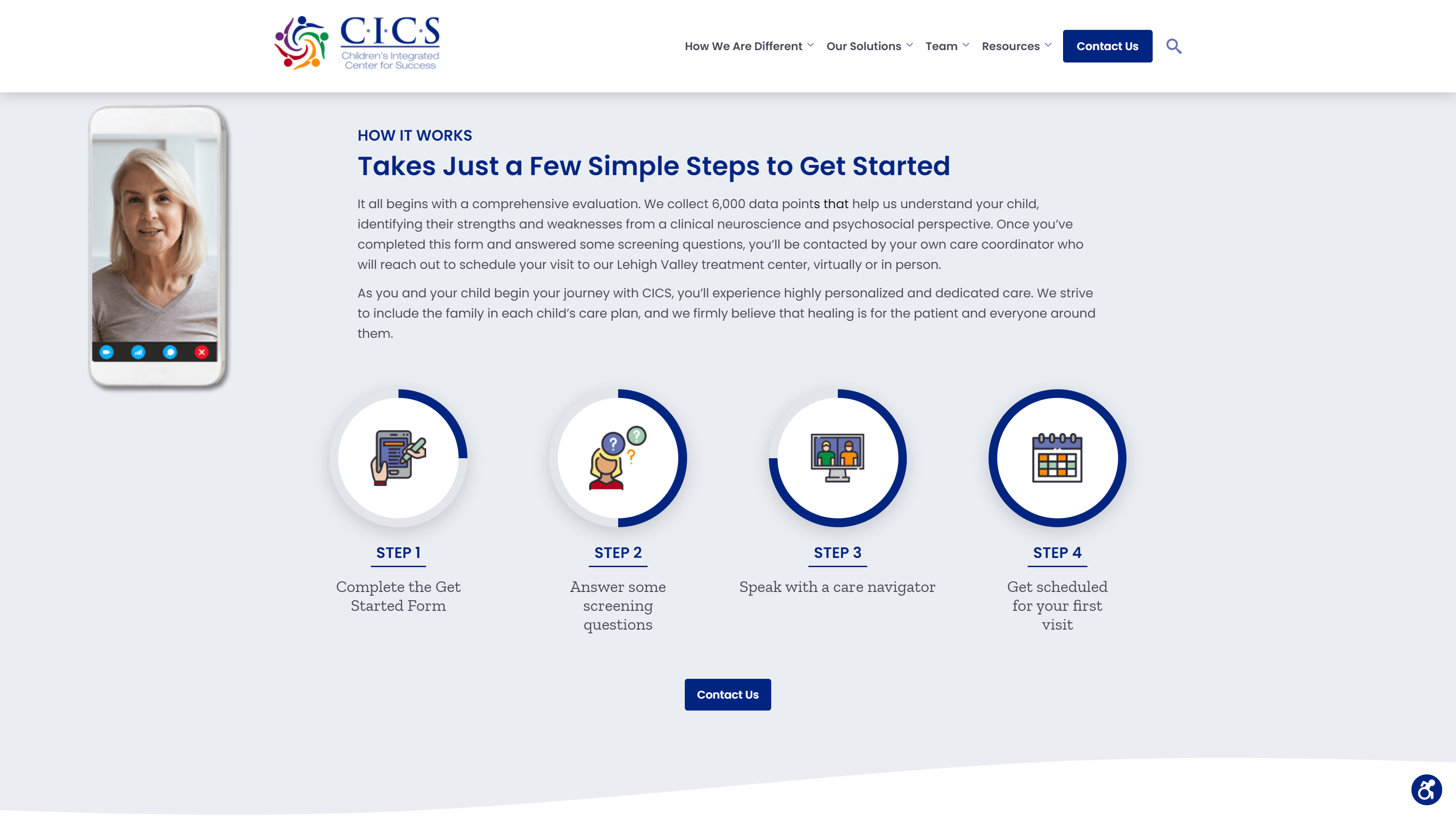 Screenshot of the Children's Integrated Center for Success website detailing the four-step process to get started with their services, including a smartphone with a woman on a video call and icons representing each step.