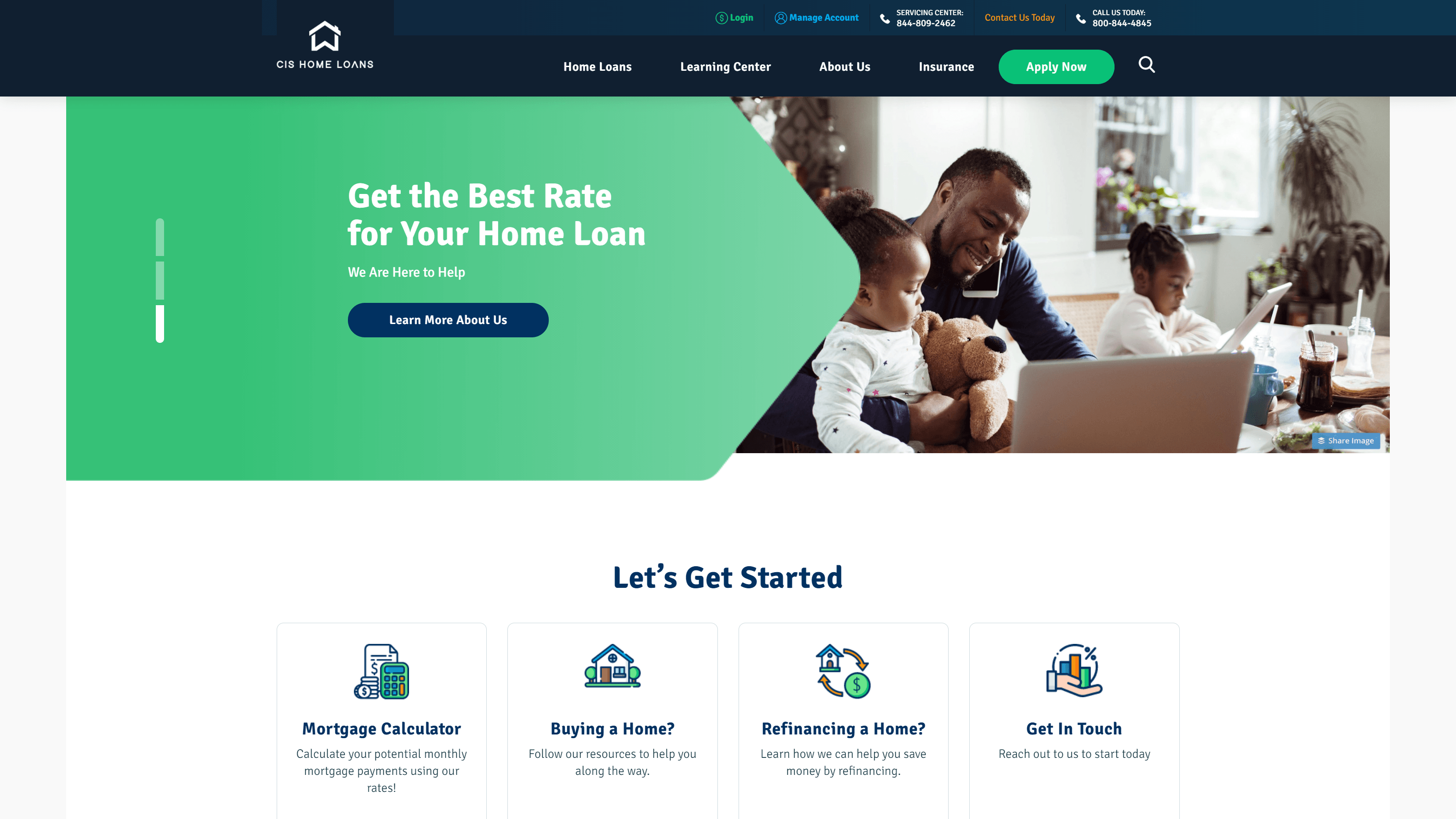 Website banner for CIS Home Loans featuring a smiling man with a child and a 'Get the Best Rate for Your Home Loan' headline, with service options including mortgage calculator, home buying, refinancing, and contact information.