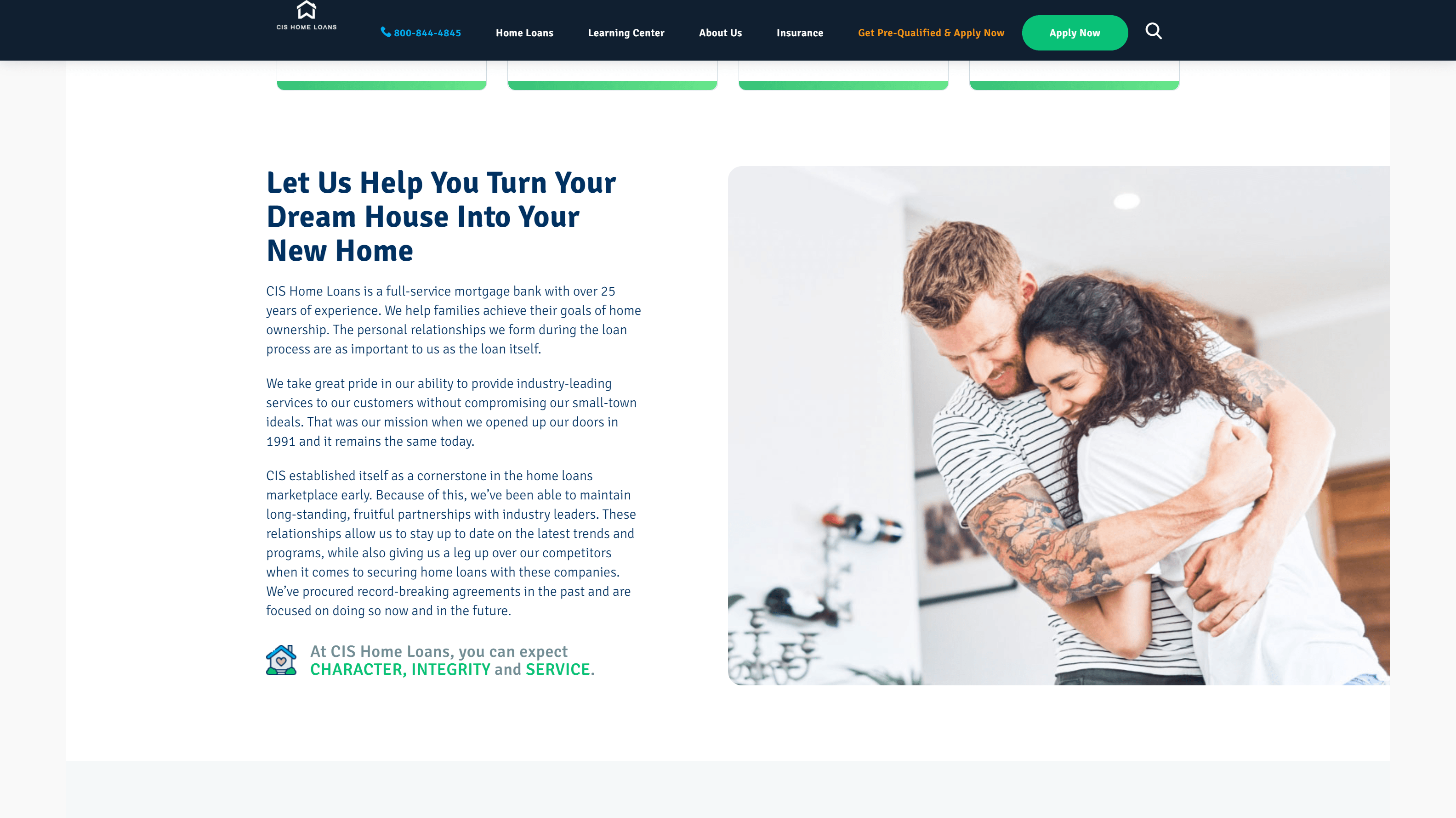 Webpage of CIS Home Loans with a heading about turning a dream house into a new home, descriptive text about their services, and a photo of a happy couple embracing in a home environment.