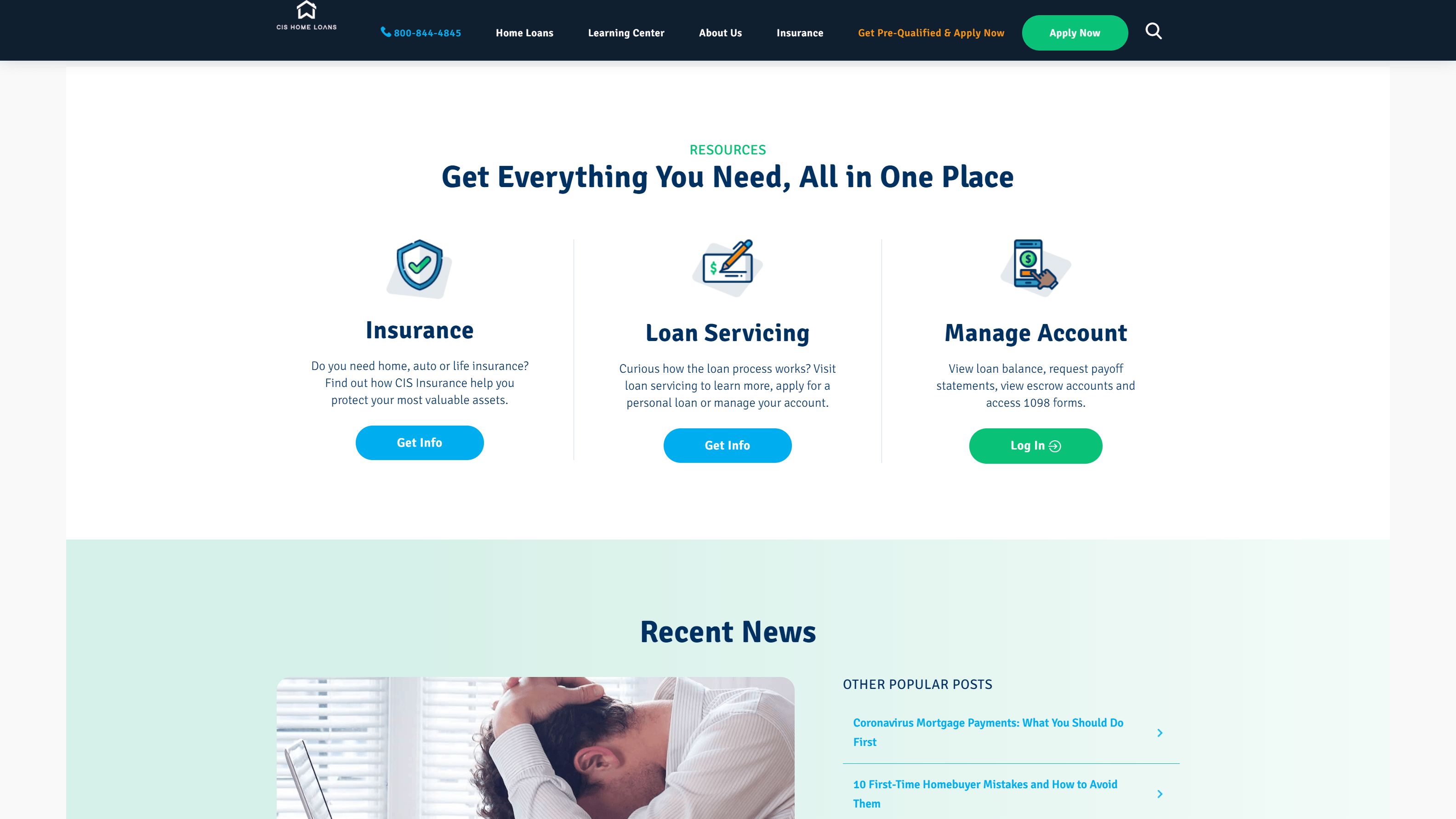 Screenshot of a financial services website featuring navigation options, services for insurance, loan servicing, and account management, and a 'Recent News' section with a photo of a person holding their head next to a window.