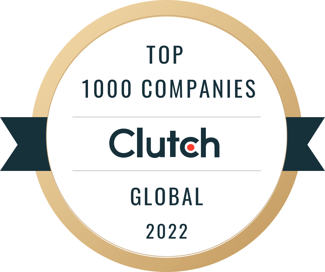 Award badge for 'TOP 1000 COMPANIES GLOBAL 2022' with Clutch logo, featuring a green and gold color scheme.