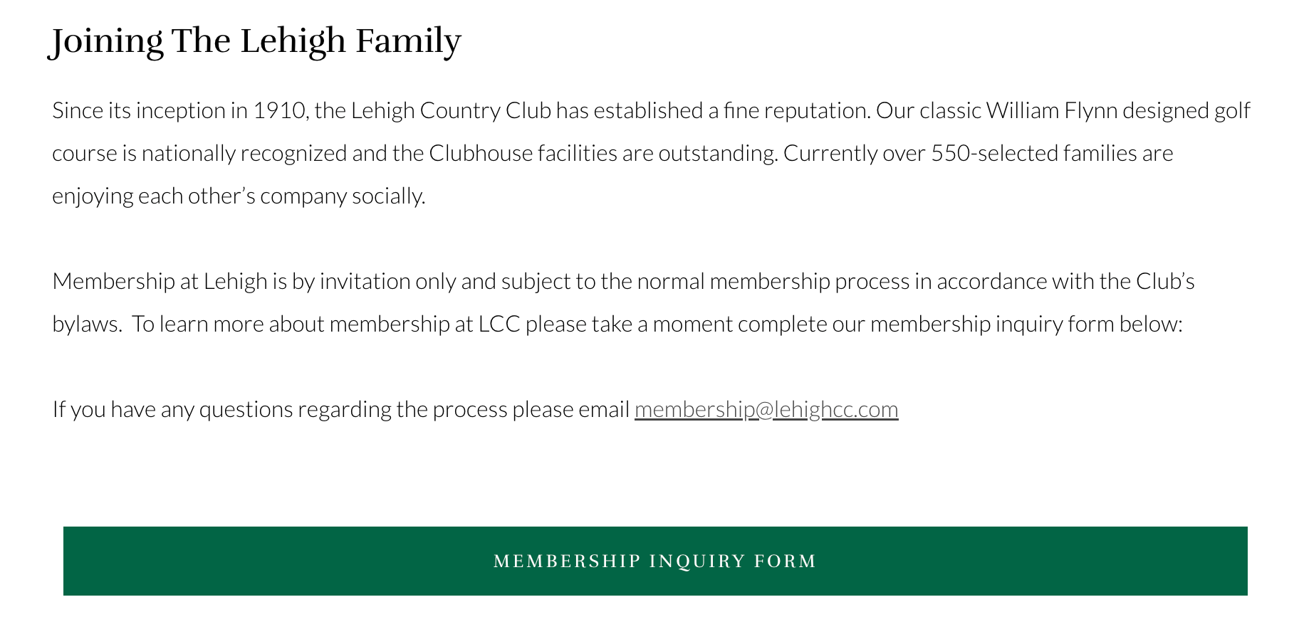 Green call to action button on a country club website